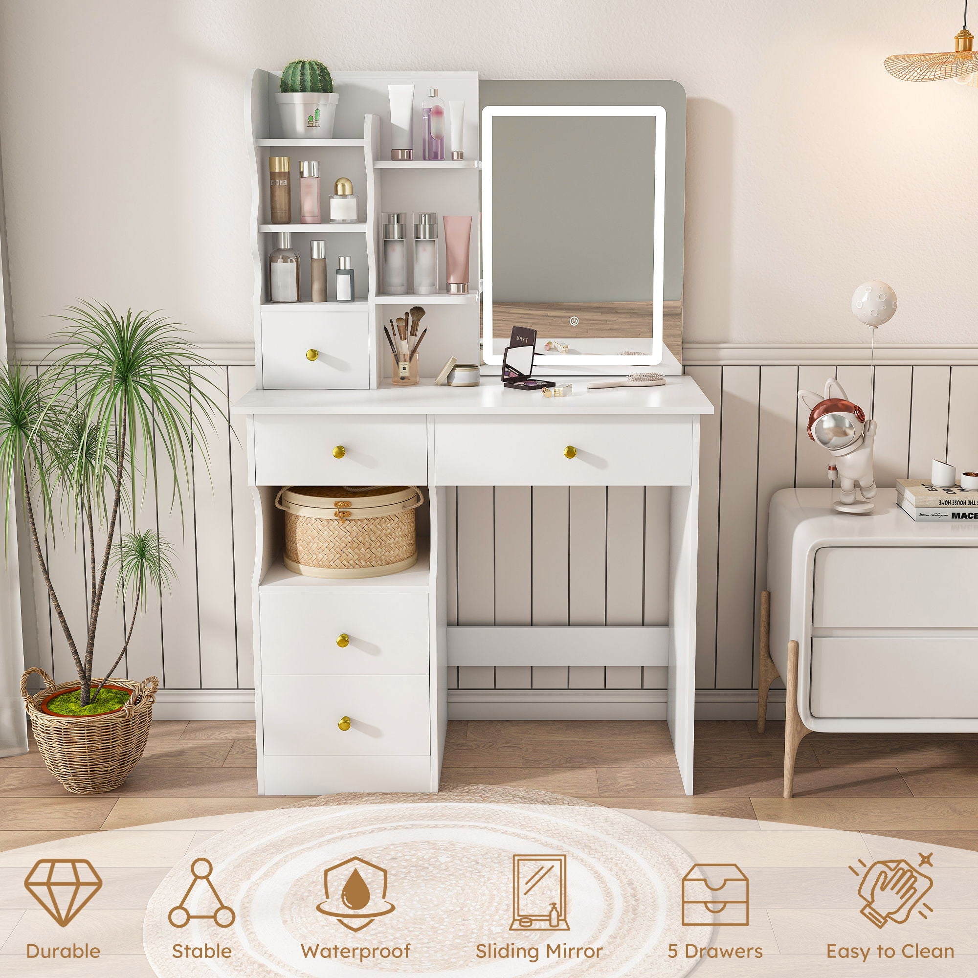 Dressing Table With Movable Mirror And LED Light, 5 Drawer Storage Organizer - White