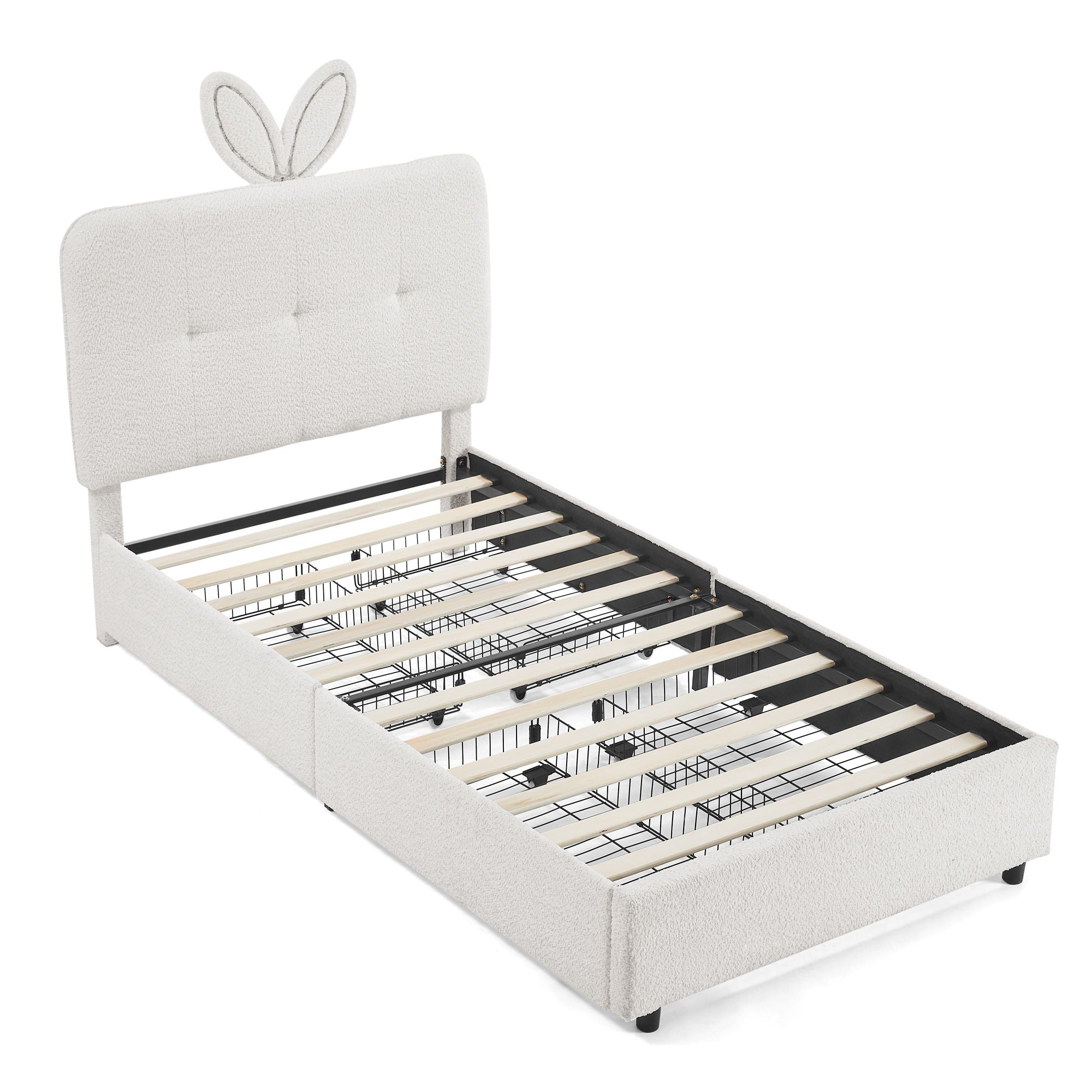 Upholstered Bed With Oversized Rabbit Ear Headboard, LED Lights & 4 Storage Drawers