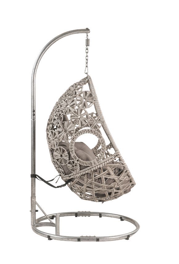 ACME Sigar - Patio Swing Chair - Light Gray Fabric & Wicker | Meri Furniture