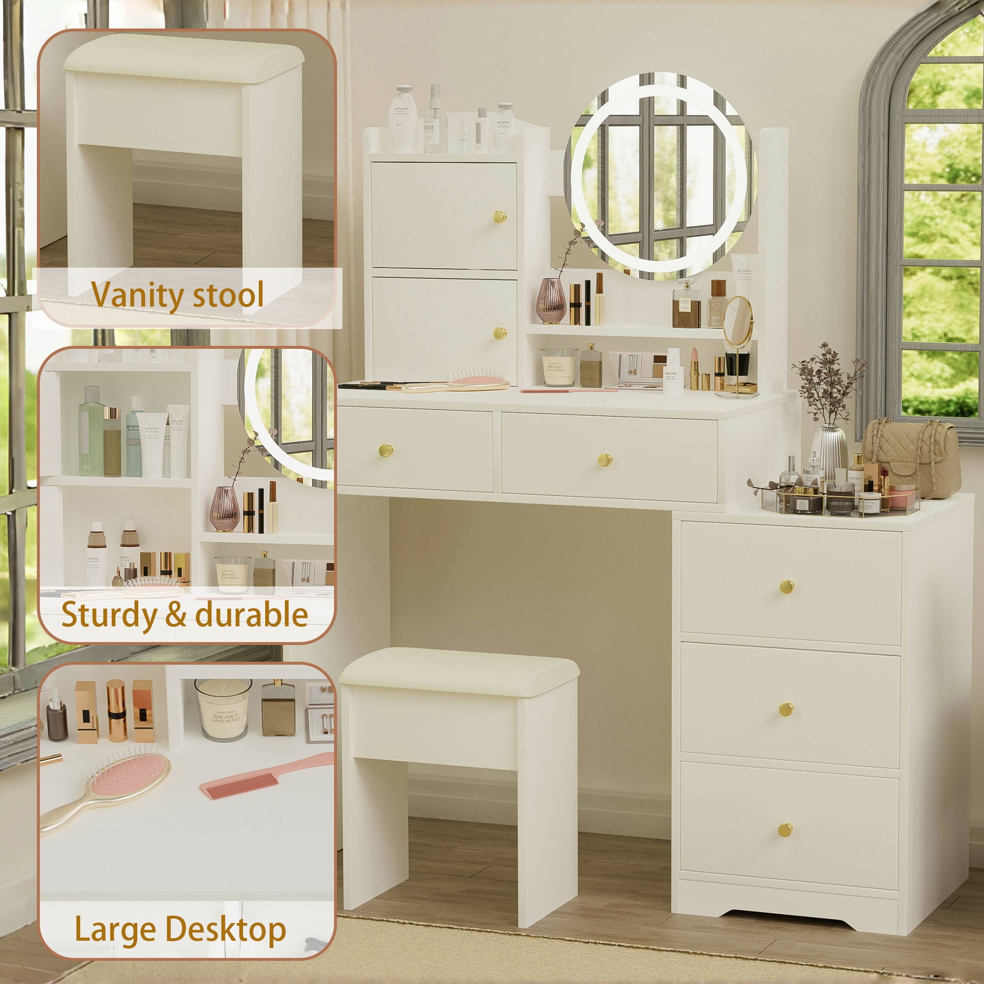 Fashion Vanity Desk With Mirror And Lights For Makeup And Cushioned Chair, Adjustable 3 Color Lighting - White