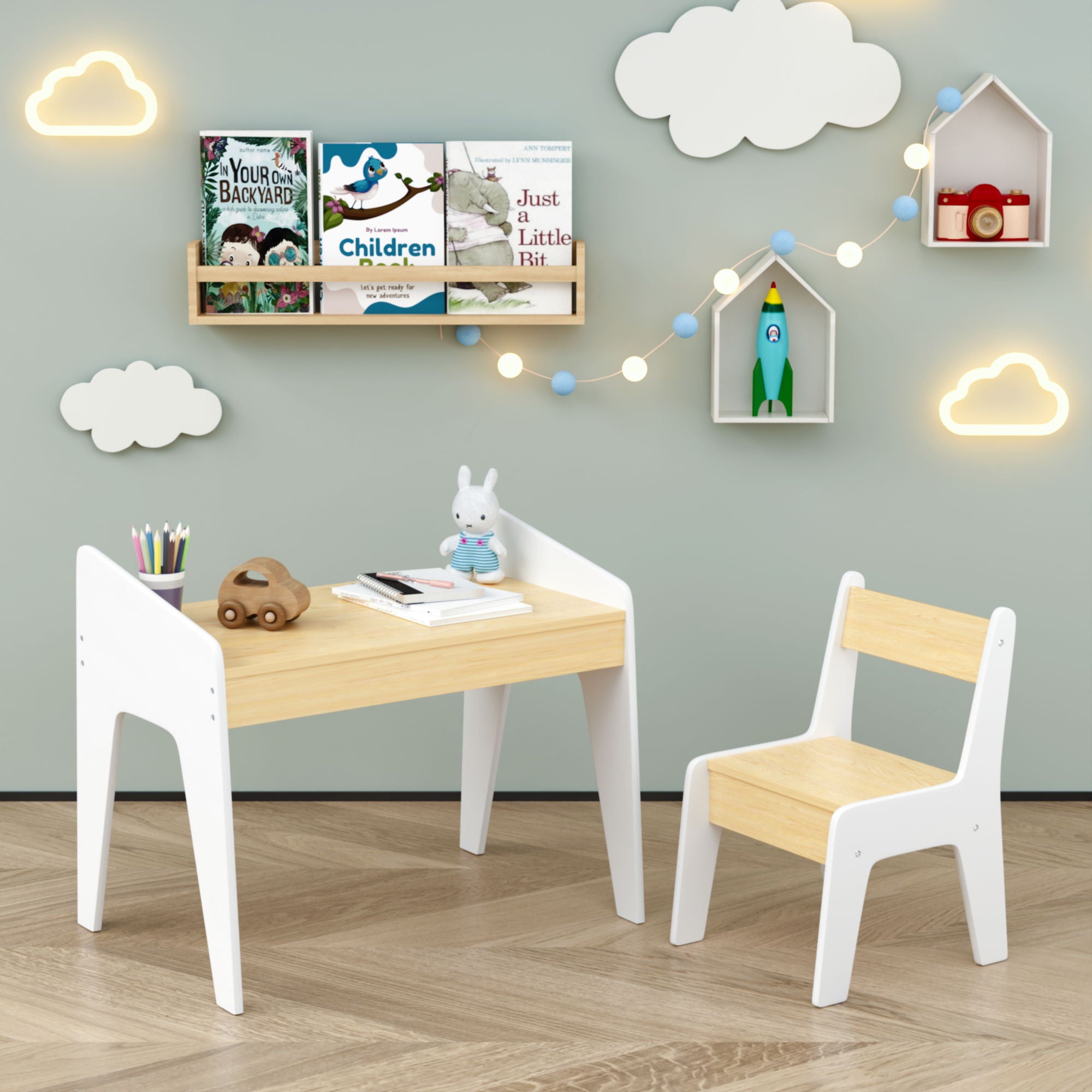 Table Set With 1 Chair, Children Study Table For Ages 2 - 8 - White