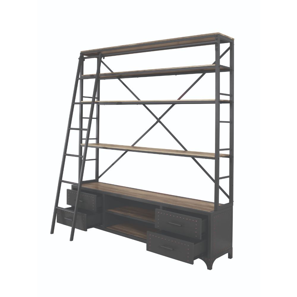 ACME Depict the gentle flow of industrial modern decor with the Actaki bookshelf and ladder set. Industrial modern shelving unit with 4 drawers with Nailhead trim and 2 open shelves provide a unique storage and display to you room. Some assembly required.