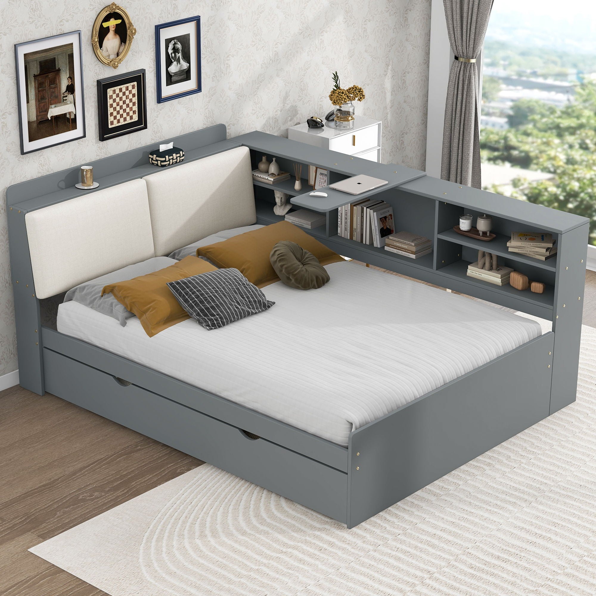 Platform Bed With Trundle, Shelves, And Storage Headboard