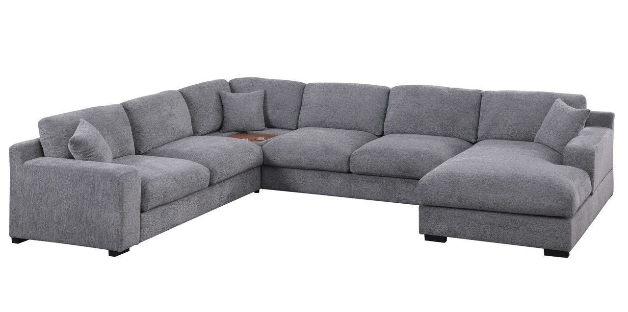 Celine 128"W Light Gray Chenille Fabric Corner Sectional Sofa with Right-Facing Chaise, Cupholders, and Charging Ports