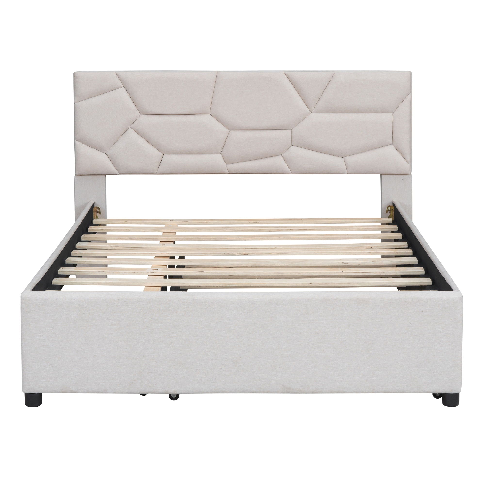 Upholstered Platform Bed With Brick Pattern Headboard And Twin Long Size Trundle