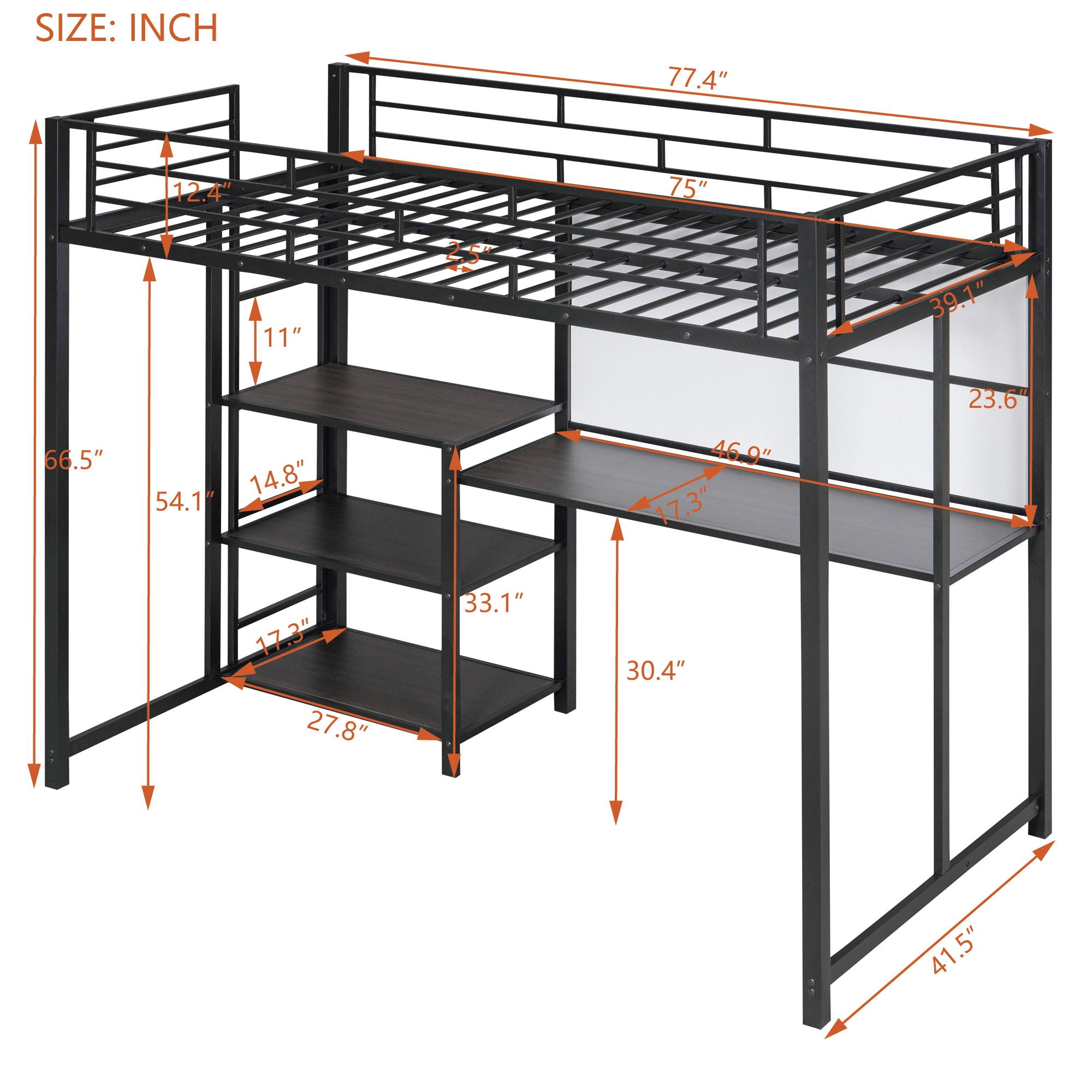 Metal Loft Bed With Desk, 3 Shelves And Ladder