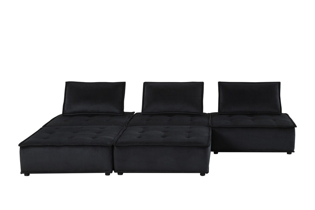 Anna 120"W Black Velvet 5 Pc Sectional Sofa