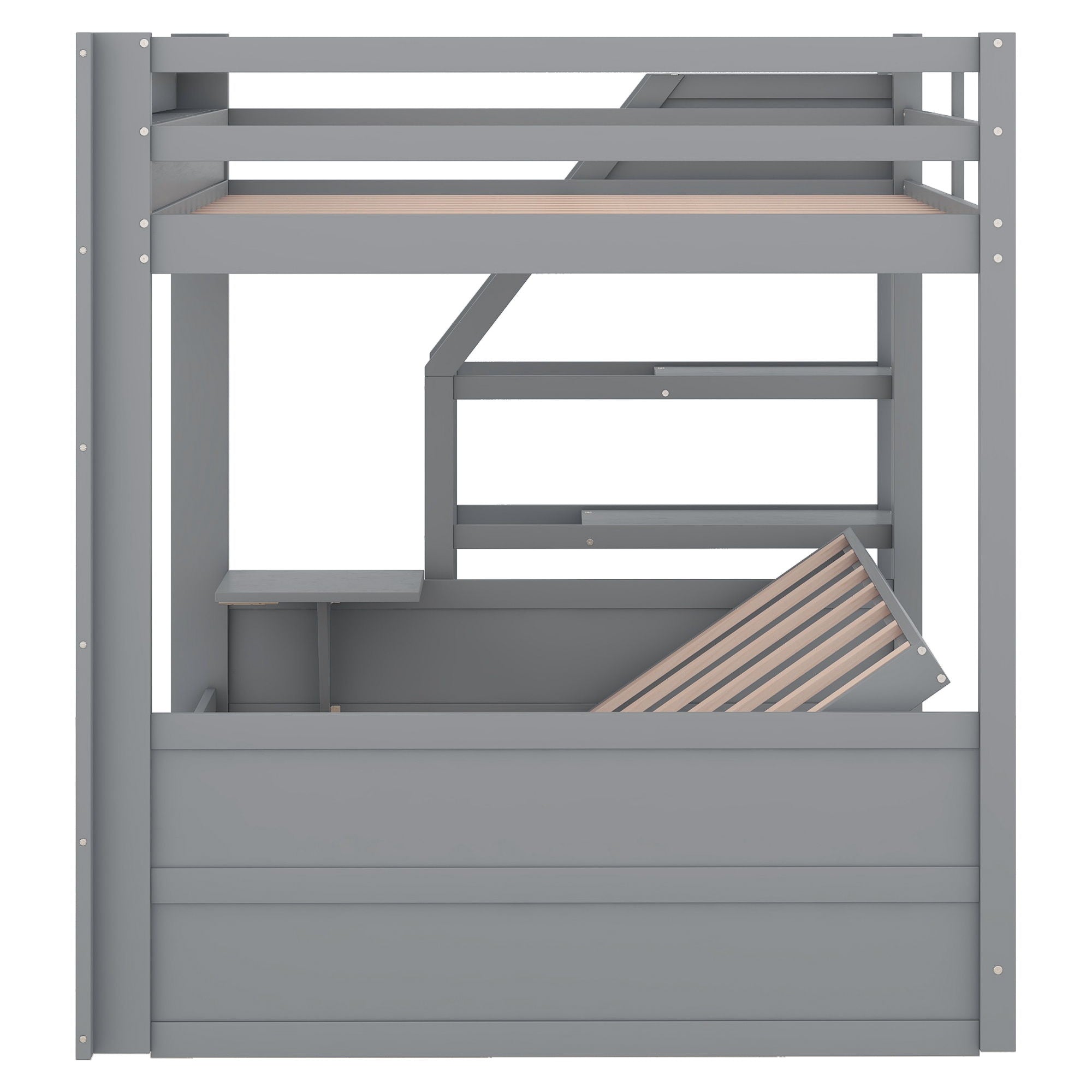 Wood Full Size Convertible Bunk Bed With Storage Staircase, Bedside Table, And 3 Drawers - Gray