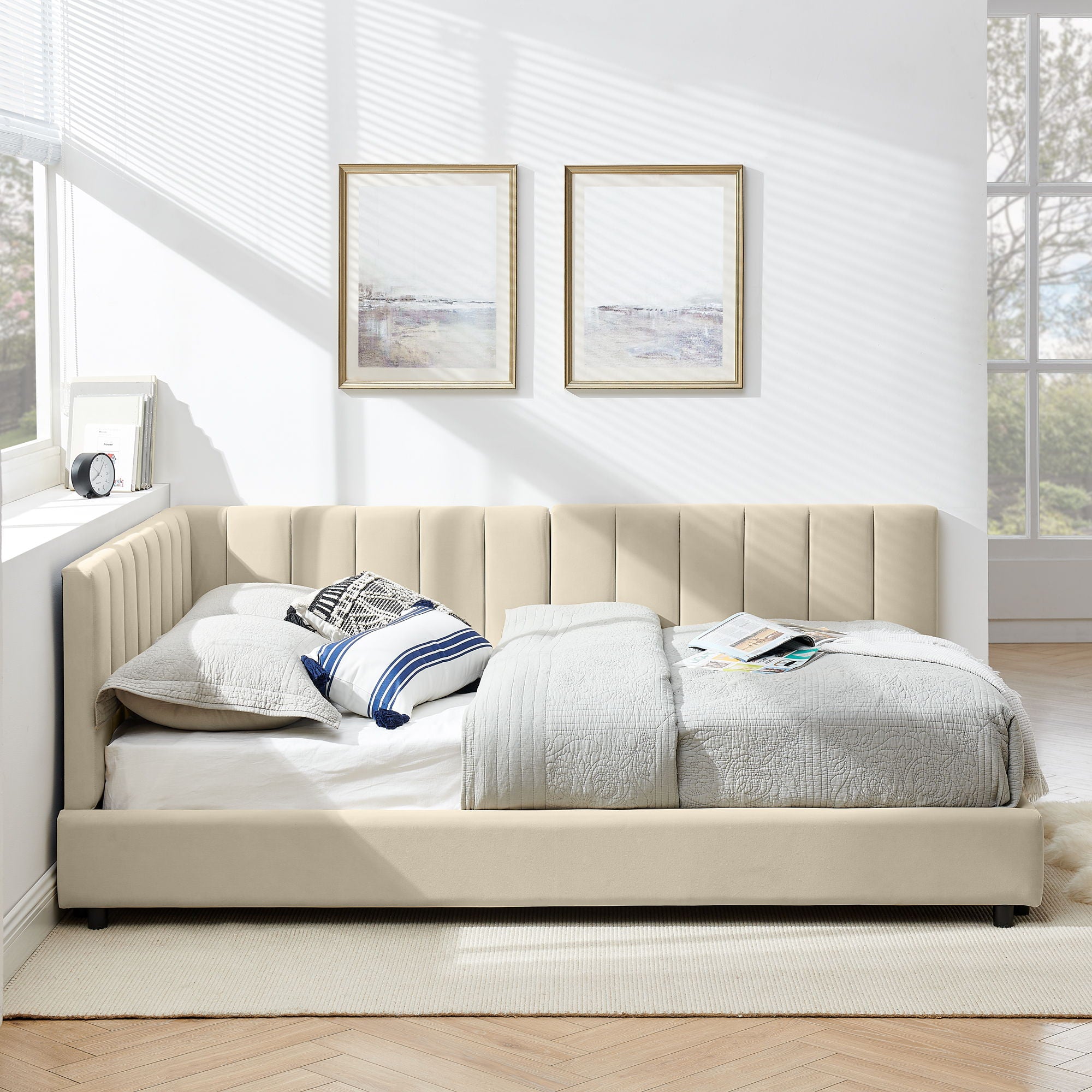 Mid-Century Upholstered Tufted Bed Frame With Backrest And Armrests