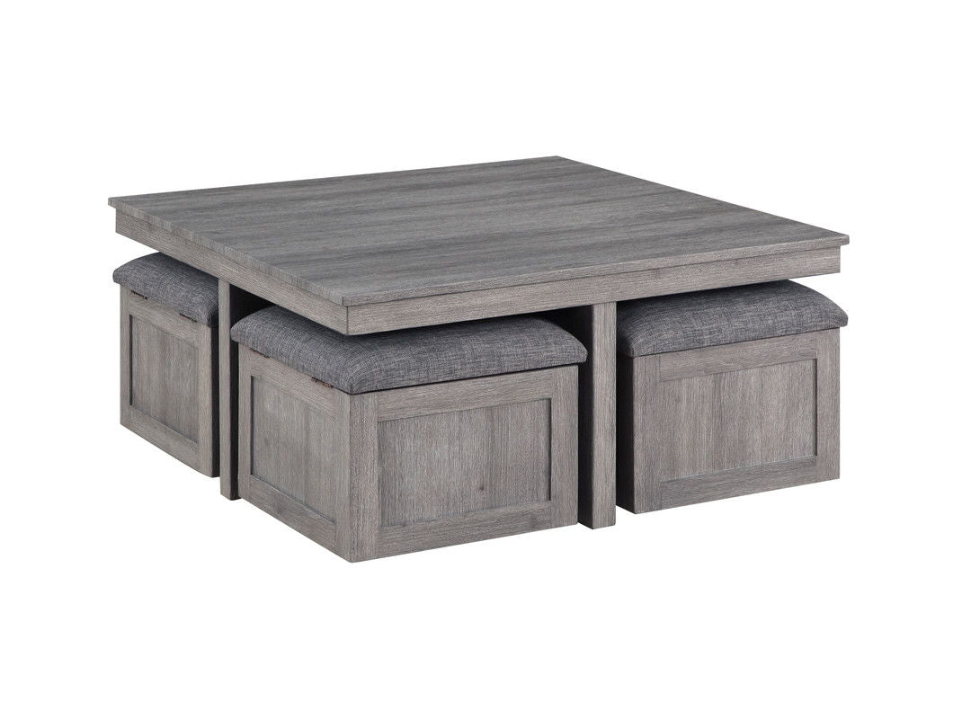 Moseberg Distressed Gray Coffee Table with Storage Stools and End Table Set