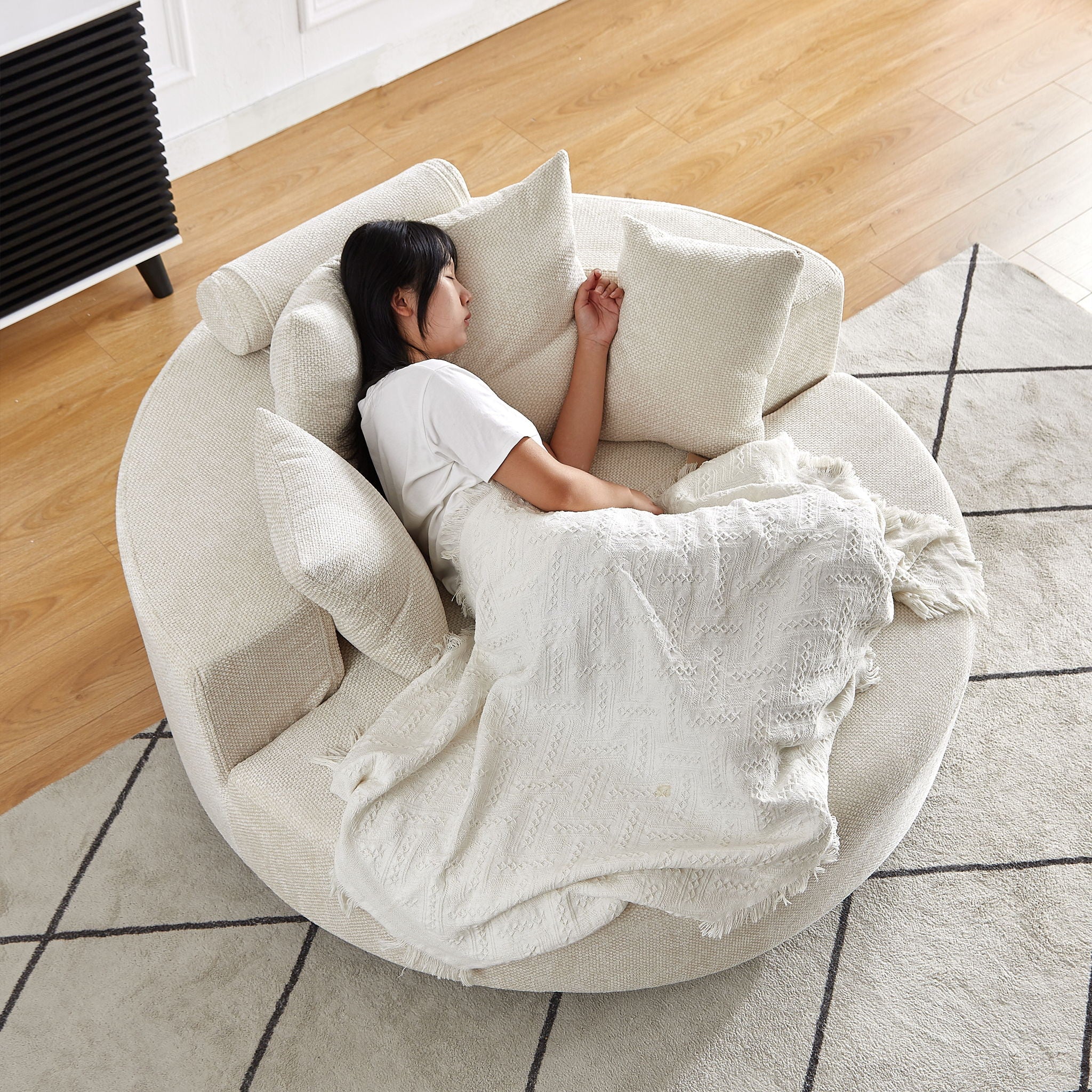 Single Swivel Chair, Fluffy Modern Sleeper, 360 Degree Swivel Chair For Living Room - Beige