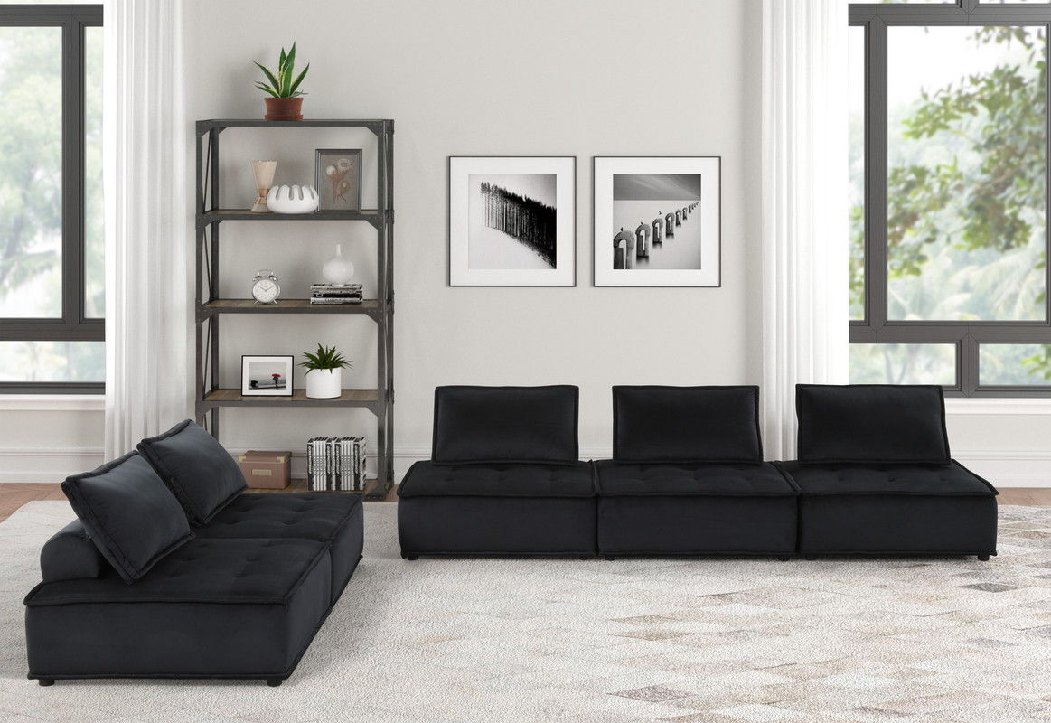 Anna 120"W Black Velvet 5 Pc Sectional Sofa