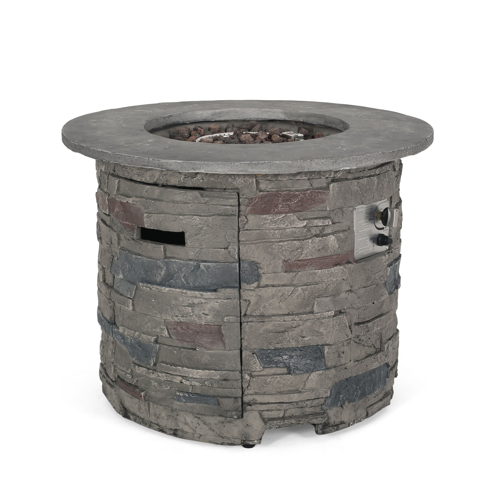 Transitional Outdoor 32" Round Propane Fire Pit Table, Lightweight Concrete Construction - Stone Gray