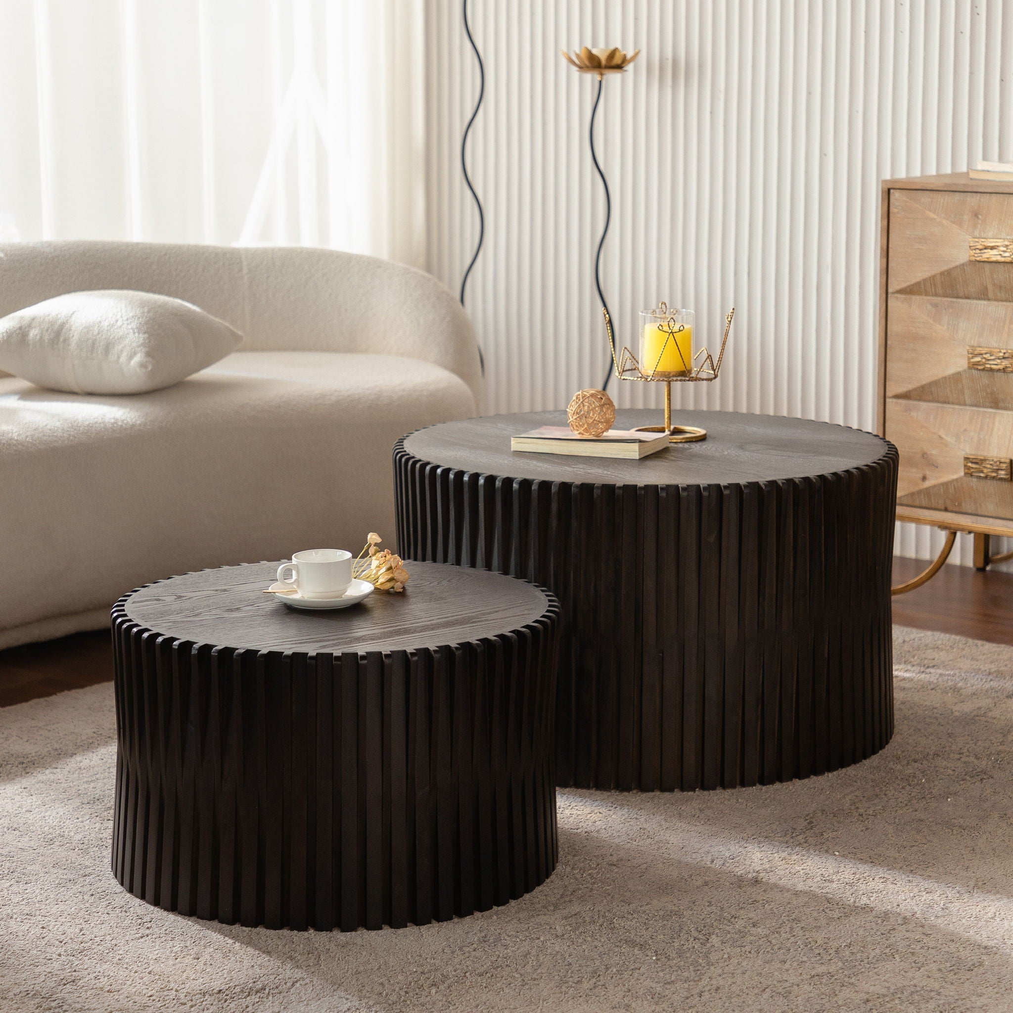 Cylindrical Coffee Table With Vertical Texture Relief