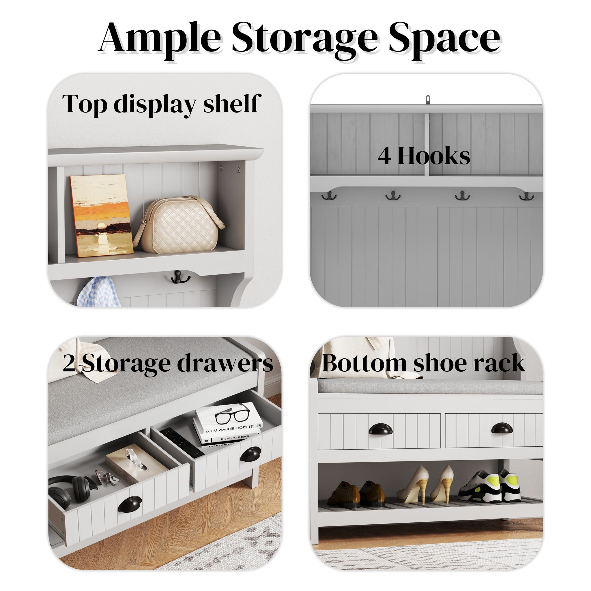 Modern 3 In 1 Hallway Hall Tree With Storage Drawers, Coat Rack, Shoe Rack Bench And Cushion