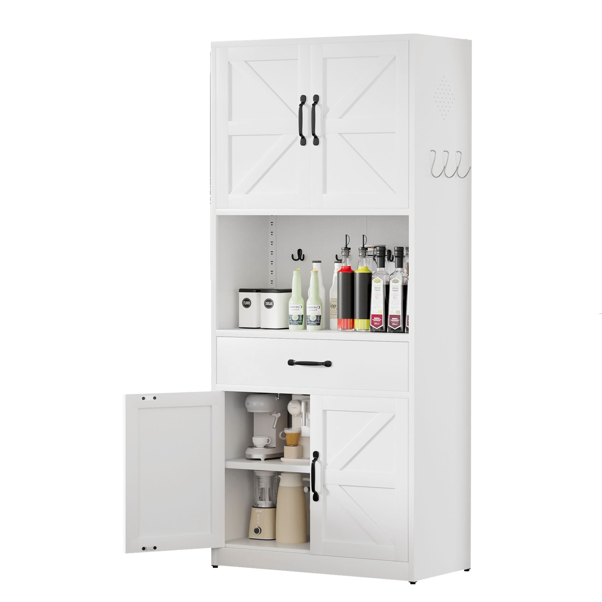Kitchen Pantry Cabinet With Adjustable Shelves, Drawers, Hooks And Large Countertop - White