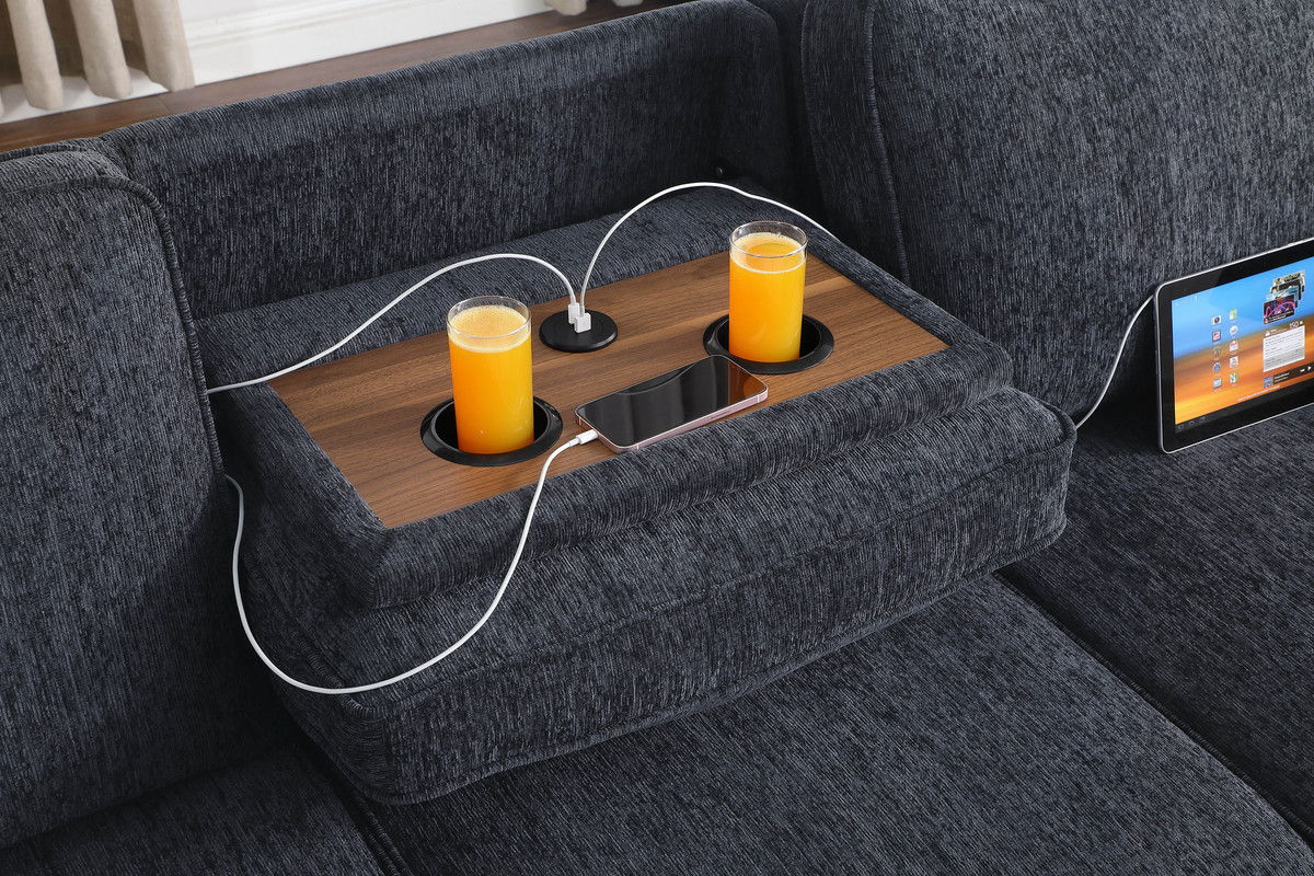 Mackenzie 91"W Charcoal Chenille Fabric Reversible Sleeper Sectional with Storage Chaise, Drop-Down Table, Cup Holders and Charging Ports