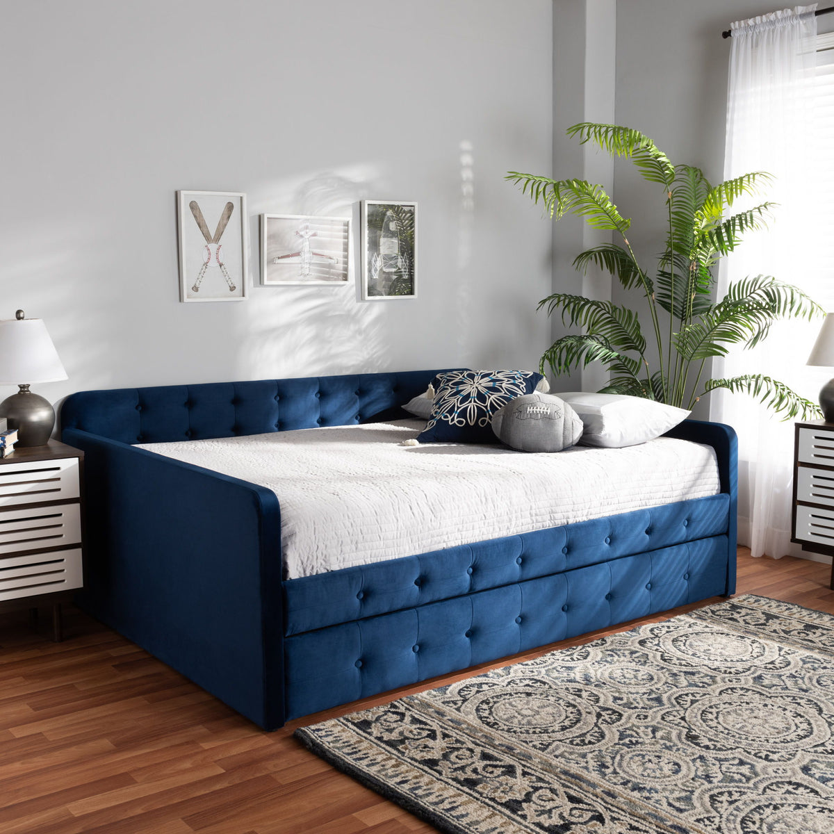 Jona Modern and Contemporary Transitional Navy Blue Velvet Fabric Upholstered and Button Tufted Queen Size Daybed with Trundle