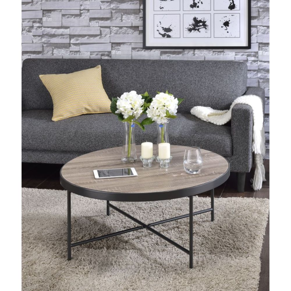 The Bage occasional collection express your hipness with stylish industrial inspired design, its round top is the perfect for any living room space. Its banded edge gives it a solid look setting on the dark metal legs and cross stretchers.