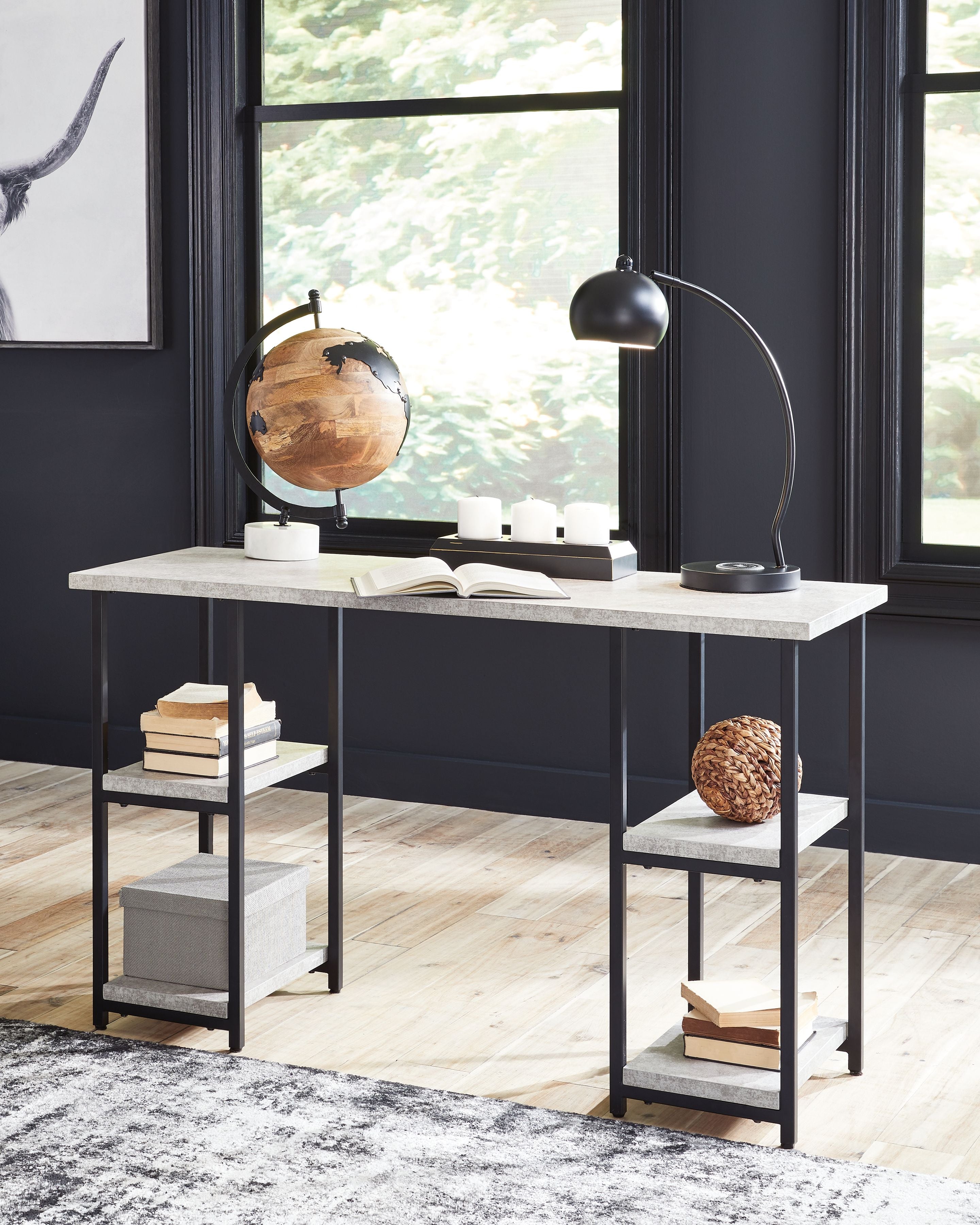 Signature Design by Ashley® Lazabon - Gray / Black - Home Office Desk - Double-Shelf Pedestal | Meri Furniture