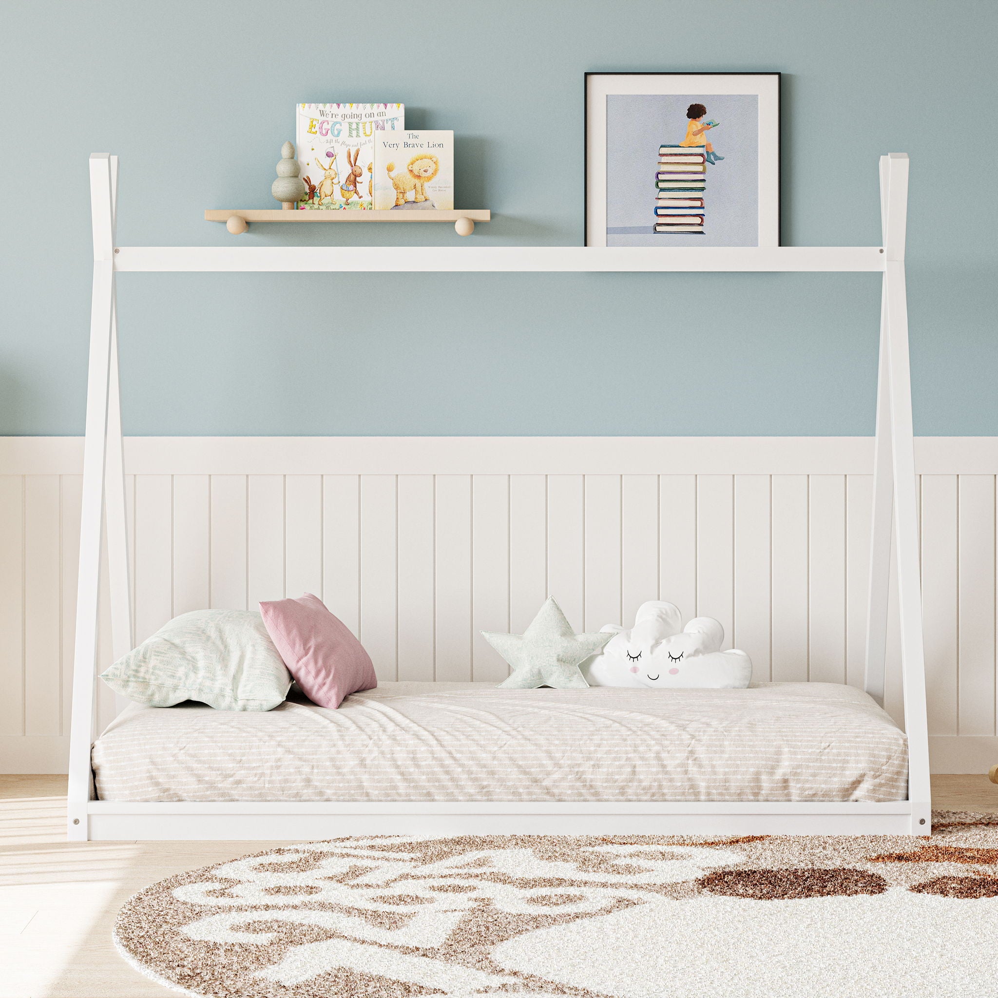 Wood Tent Bed For Kids, Montessori Style Low - Floor Bed, House-Shape Tent Bed Frame