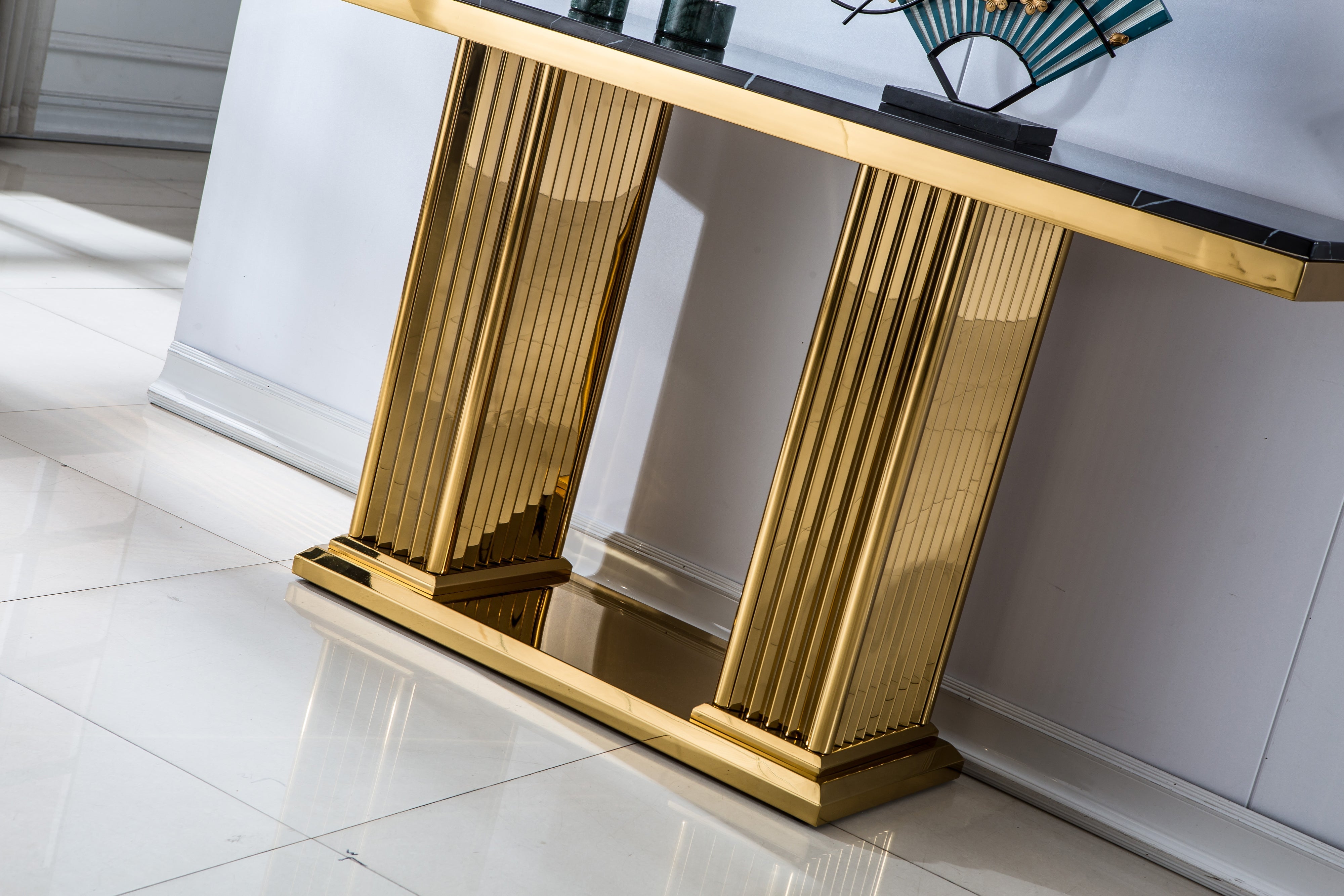 Solid Marble Console Table with Gold Finish Base