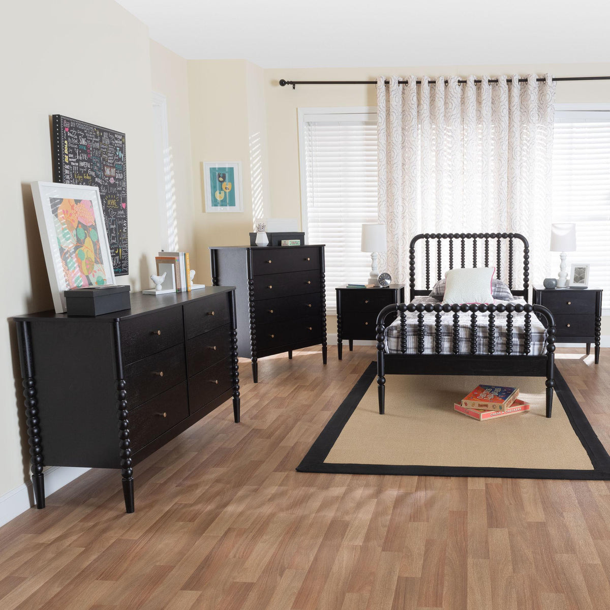 Lucera Mid-Century Black Twin Size 5-Piece Bobbin Bedroom Set