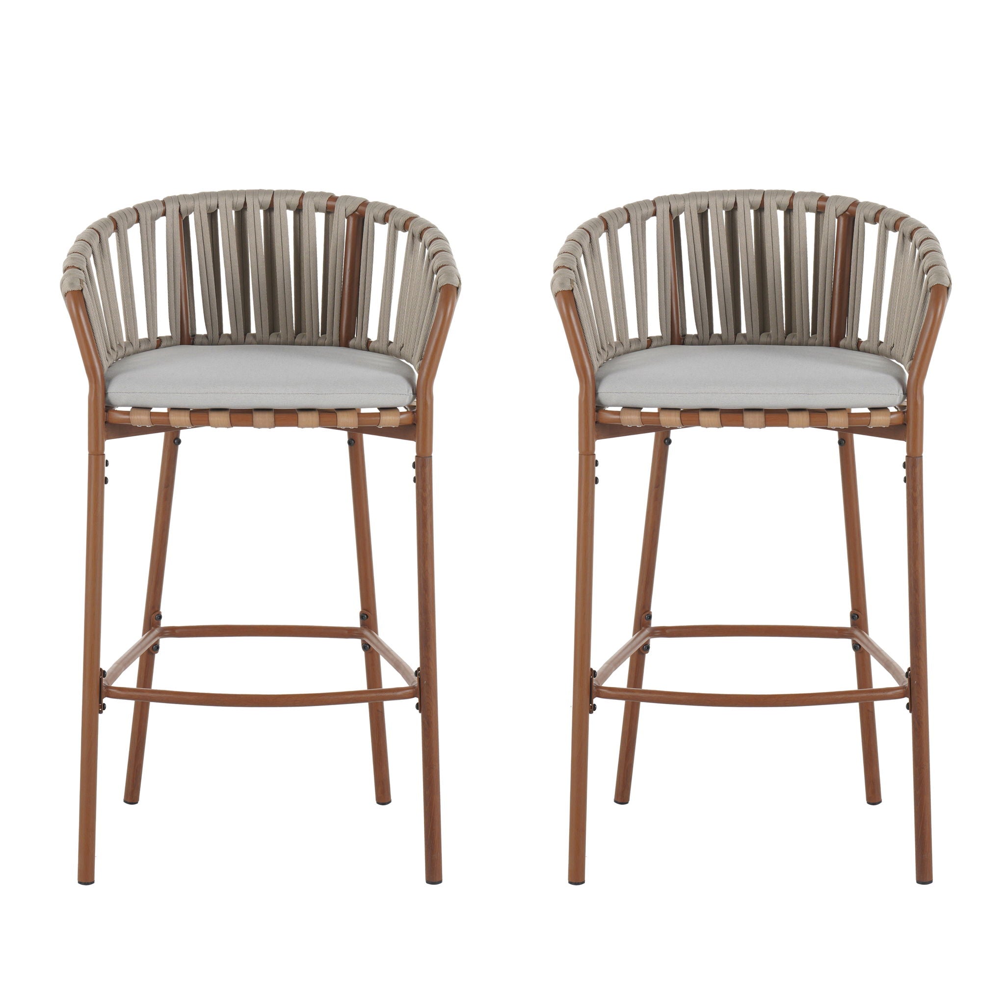 Lodi - Outdoor Matal Rope Barstool, Teak / Beige (Set of 2) - Teak / Beige