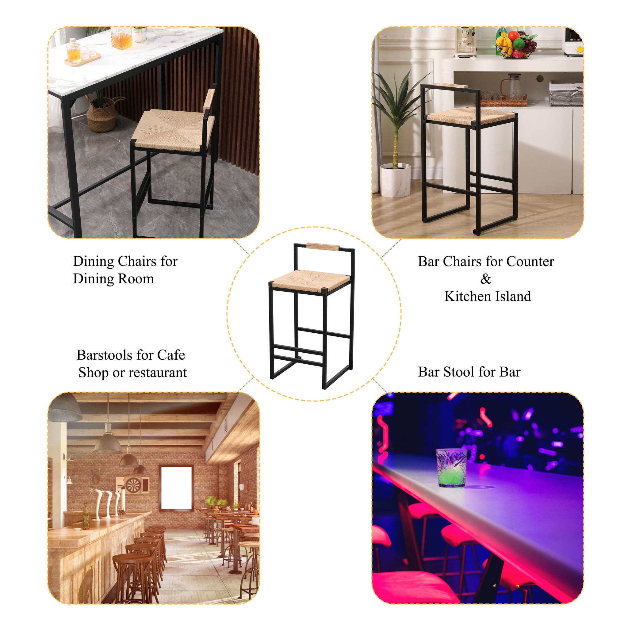 Stylish (Set of 2) Bar Stools With Backrest And Paper Rope Woven Seat, Counter Height Dining Chairs For Kitchen - Natural