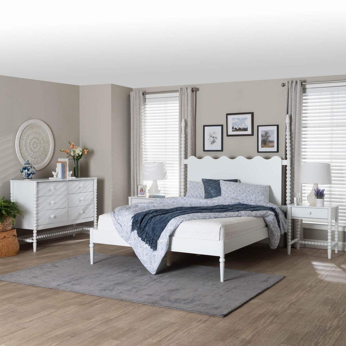 Brantley Spindle 4-Piece Bedroom Set - Farmhouse Bed Frame with Matching Dresser and 1-Drawer Nightstands, White, Queen
