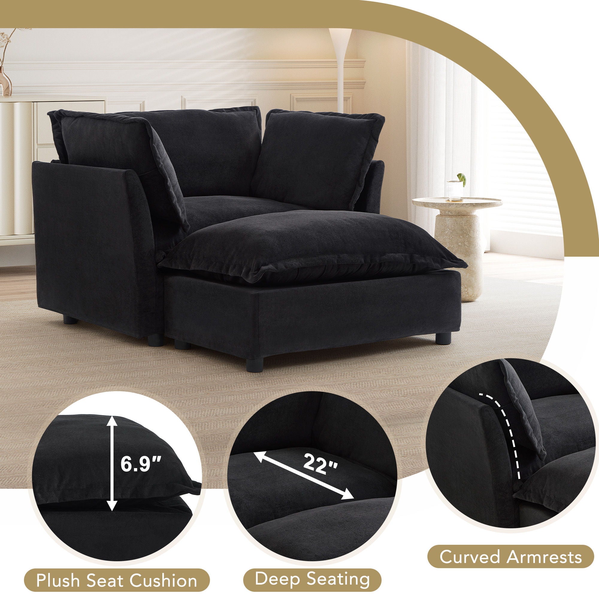 Modern Cozy Upholstered Armchair Sofa With Movable Ottoman