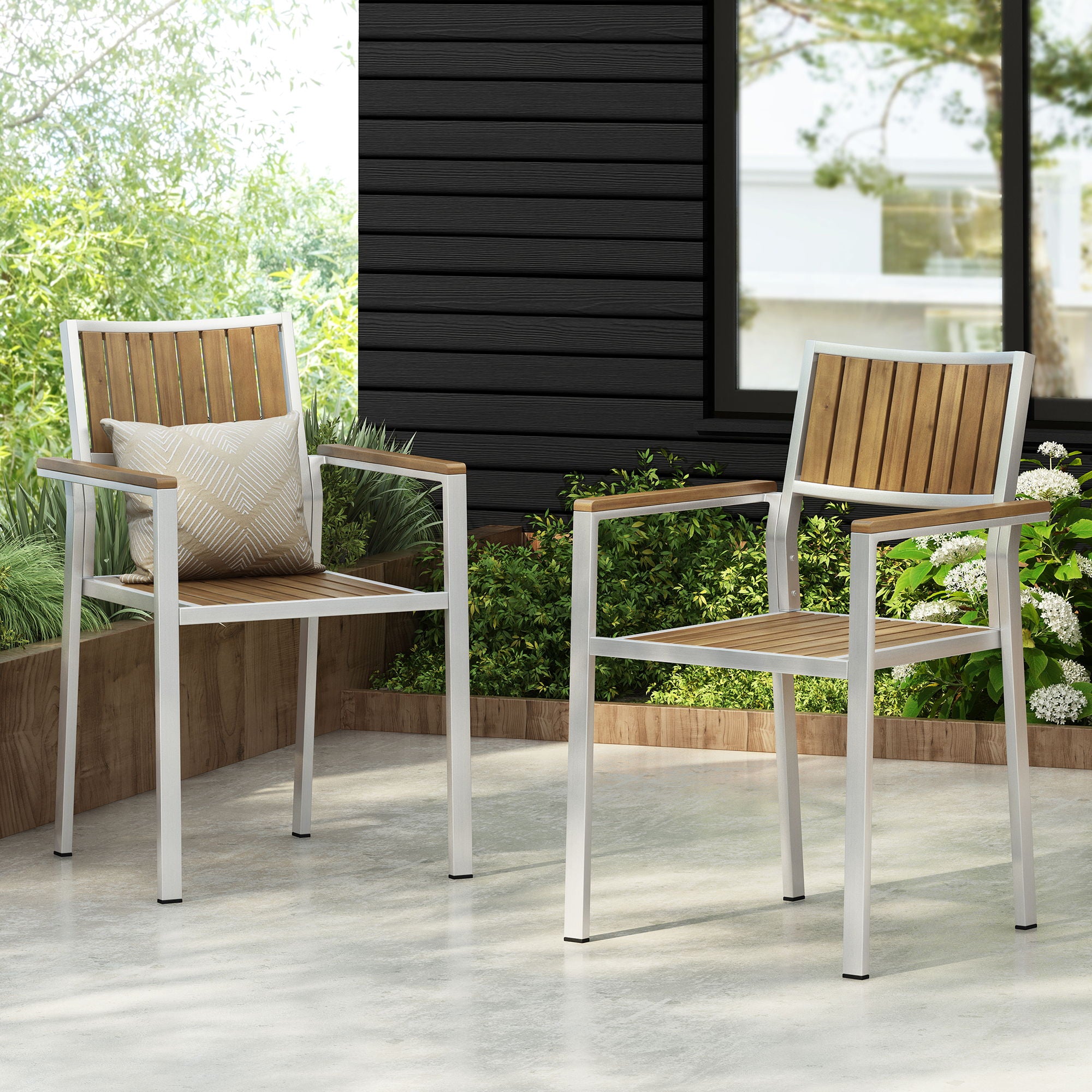 Stylish Modern Faux Wood & Aluminum Outdoor Dining Chairs, (Set of 2) - Natural