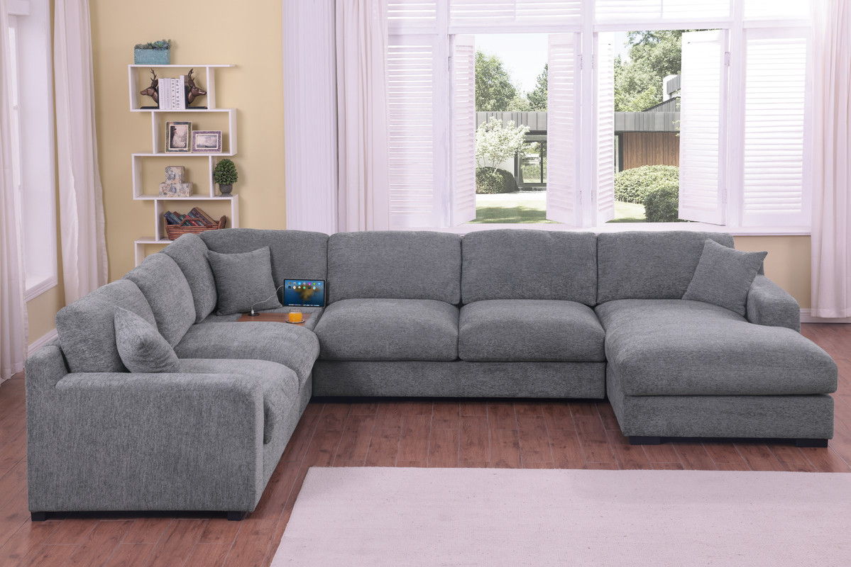 Celine 128"W Light Gray Chenille Fabric Corner Sectional Sofa with Right-Facing Chaise, Cupholders, and Charging Ports