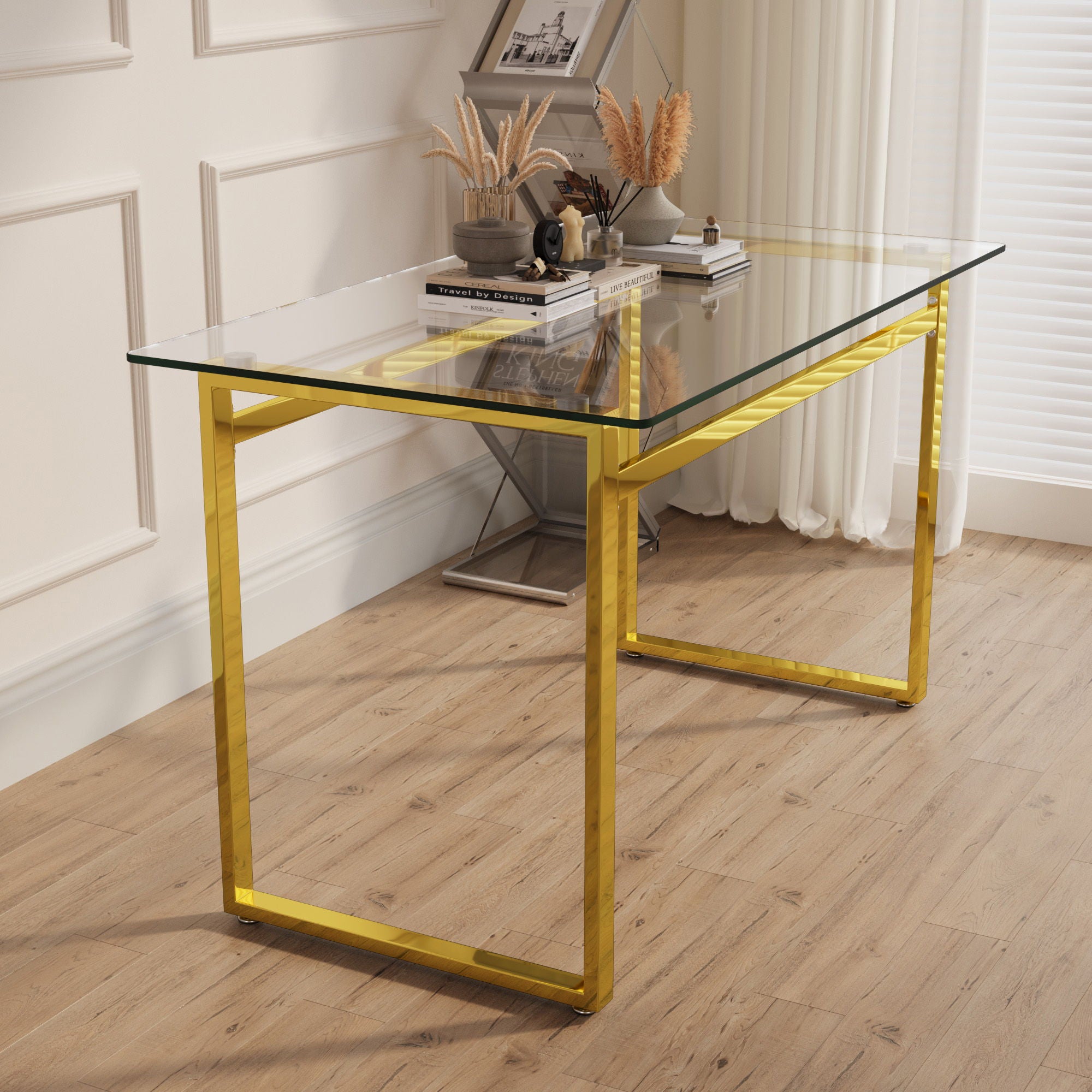 Modern Minimalist Rectangular Dining Table With Tempered Glass Top