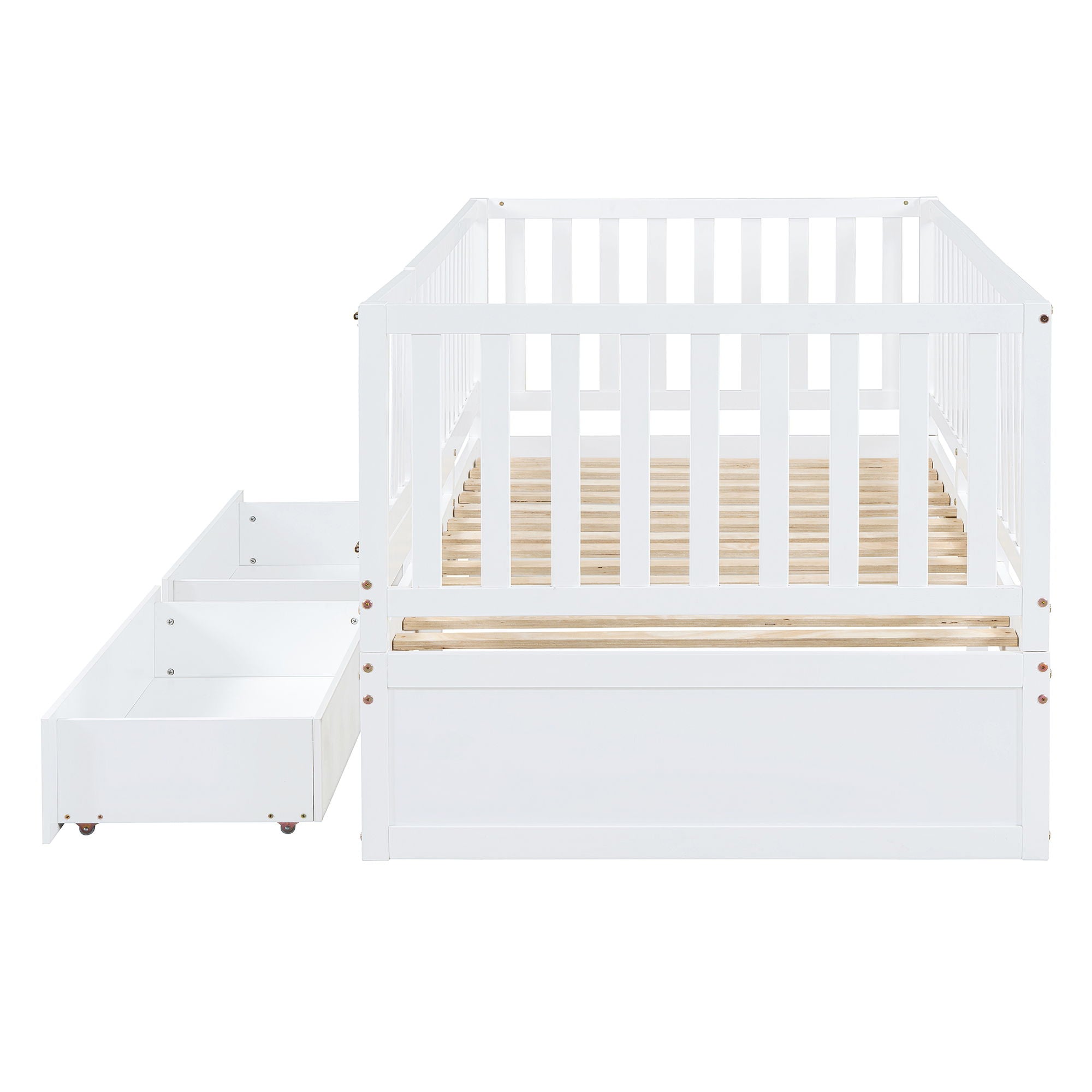 Daybed With Fence Guardrails And 2 Drawers, Split Into Independent Floor Bed & Daybed