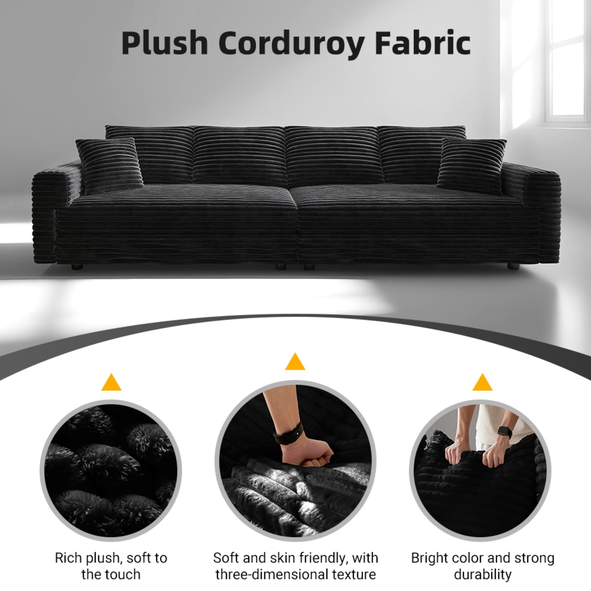 Plush Corduroy 4 Seat Sofa, Modern Comfy Upholstered Sofa Cloud Couch, Deep Seat Couches With Soft Pillows