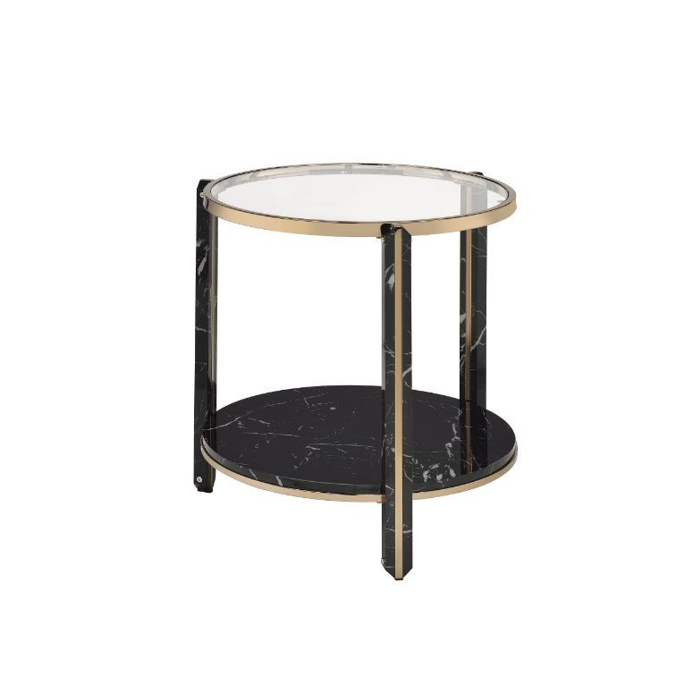 ACME Thistle - End Table - Clear Glass, Faux Black Marble & Champagne Finish | Meri Furniture