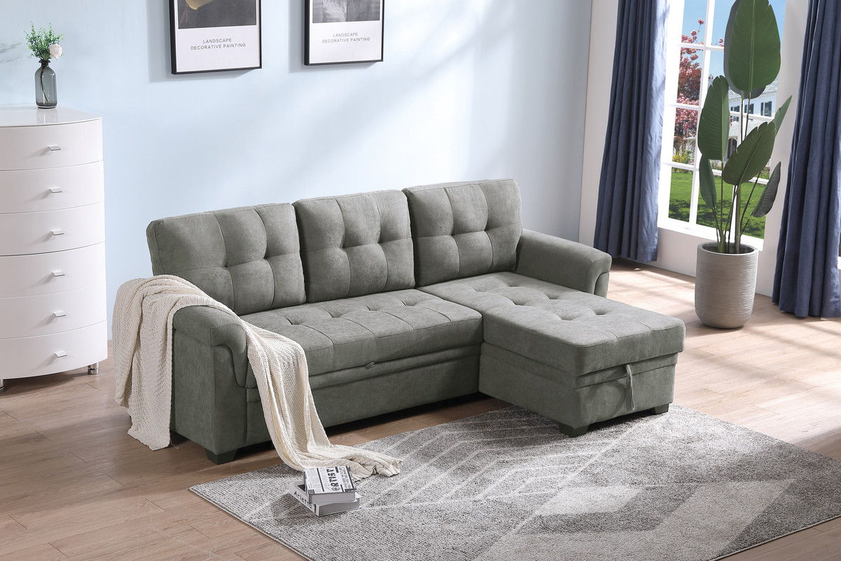 Lucca 84"W Light Gray Fabric Reversible Sectional Sleeper Sofa Chaise with Storage