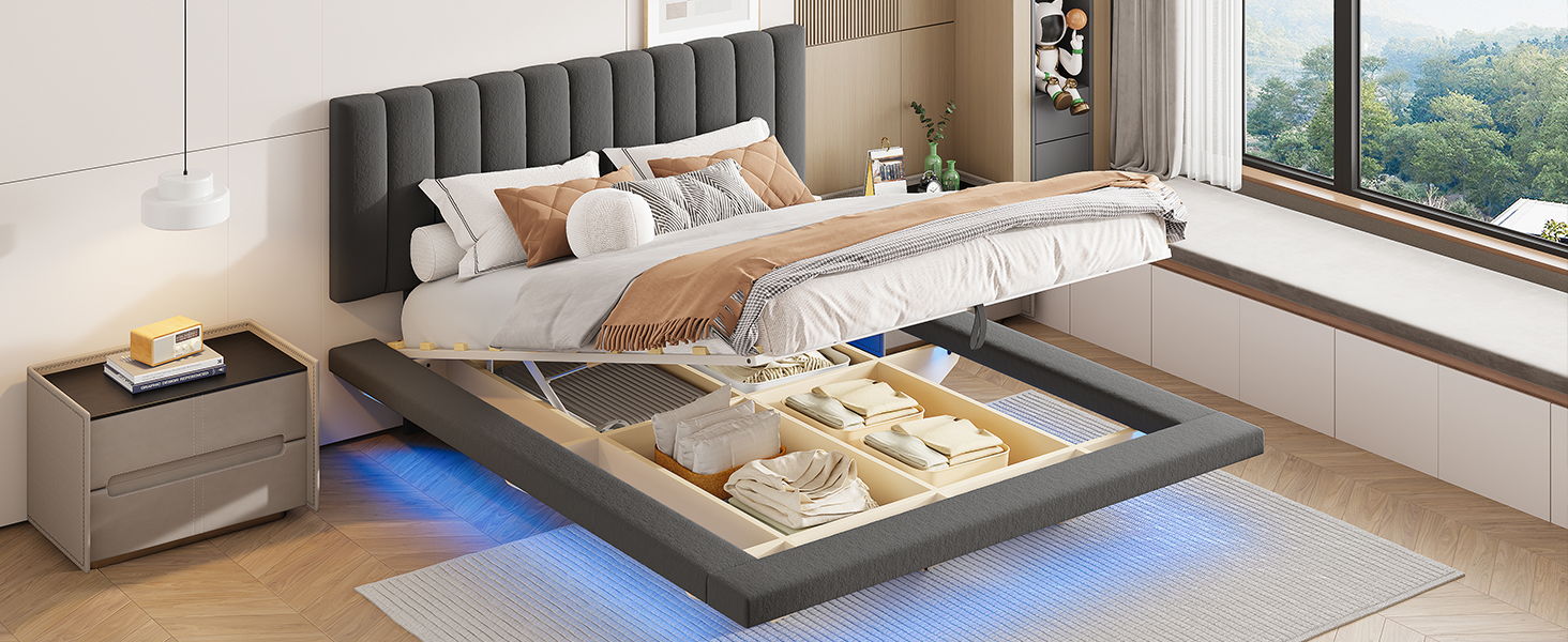 Upholstered Floating Hydrualic Platform Bed With LED Light And USB Port
