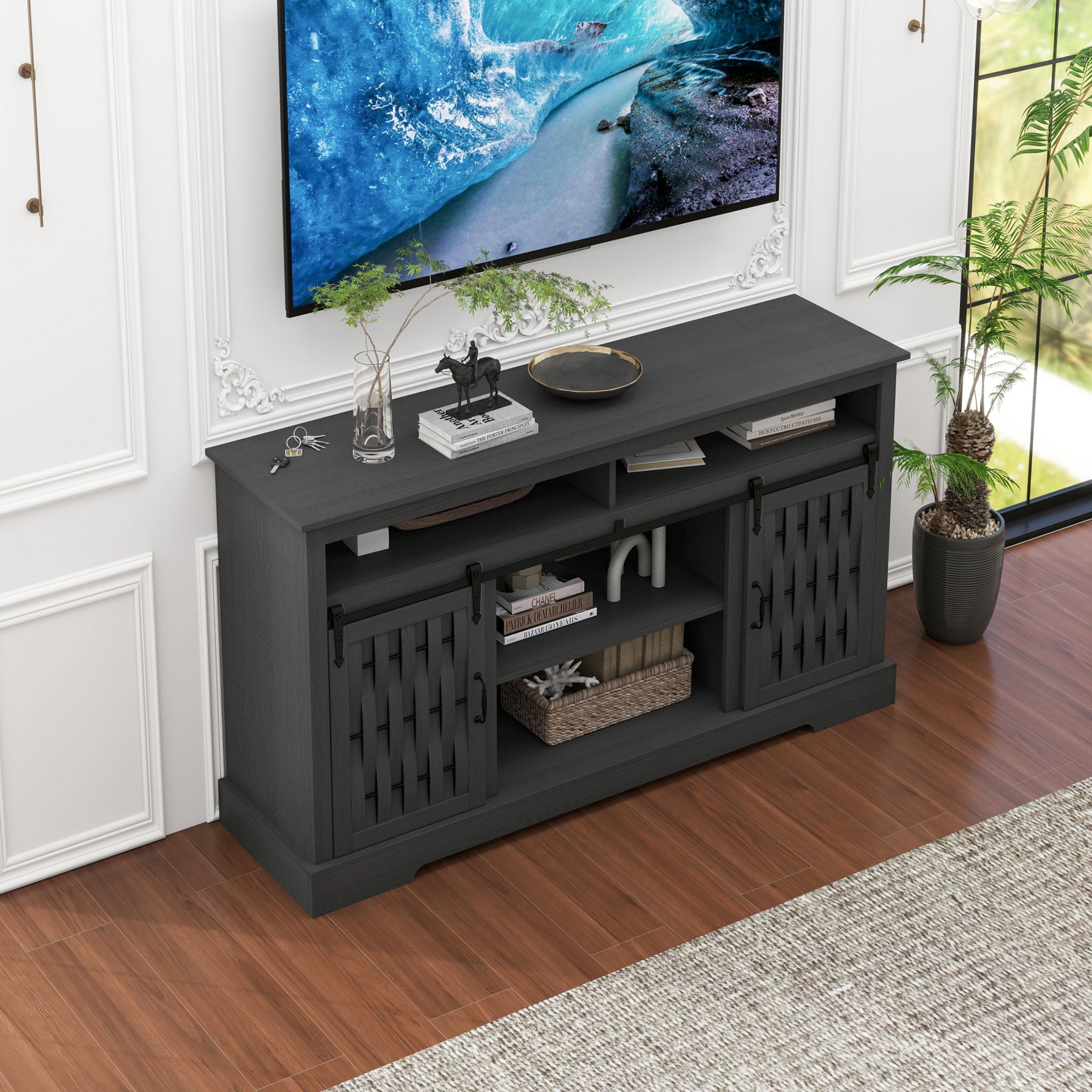 Fireplace TV Stand For Tvs Up To 65", Entertainment Center With 23" Electric Fireplace, Farmhouse TV Stand Industrial Media Console With Sliding Barn Door For Living Room - Dark Gray