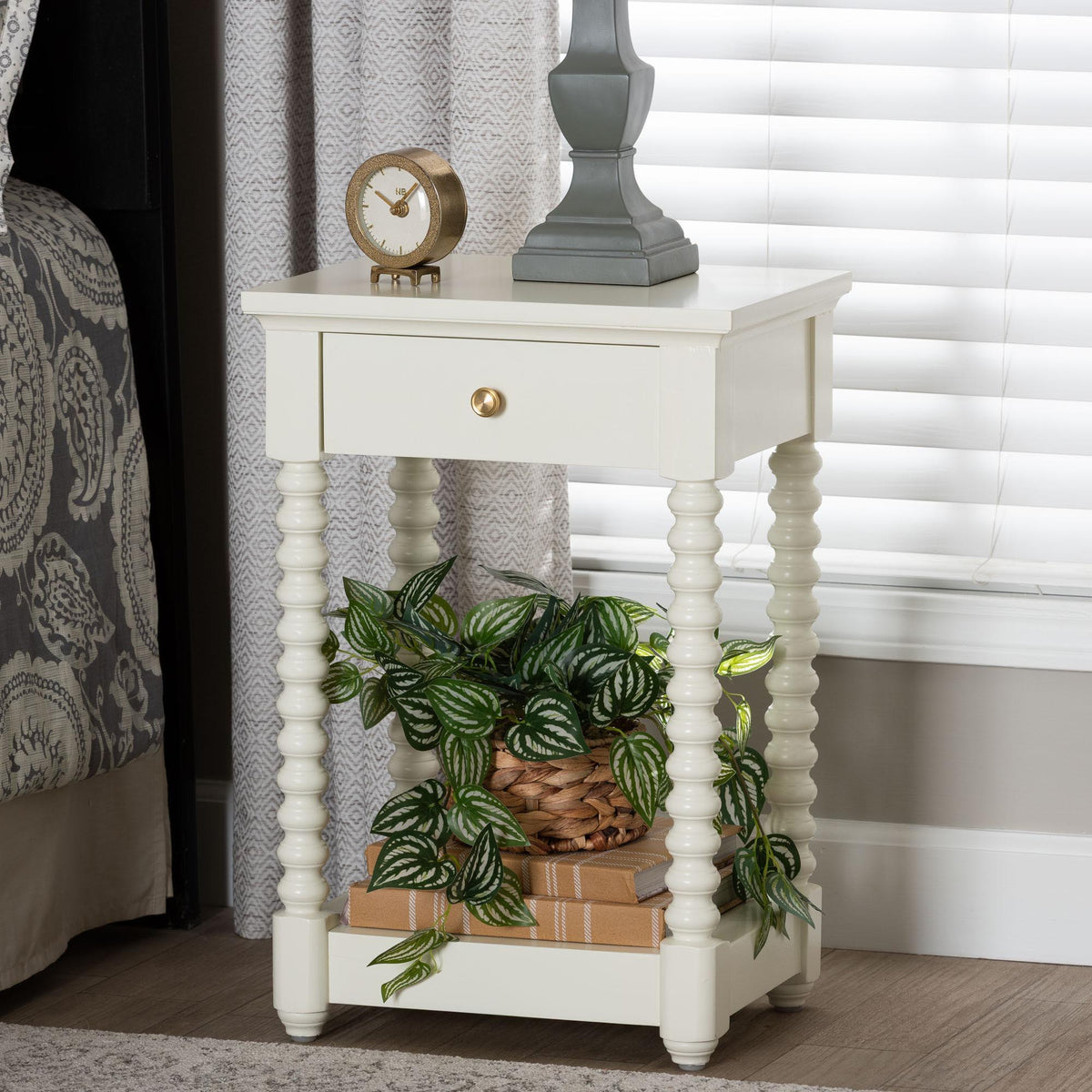 Terentia Nightstand with Bobbin Legs - 1-Drawer Bedroom Side Table with Storage Shelf, White