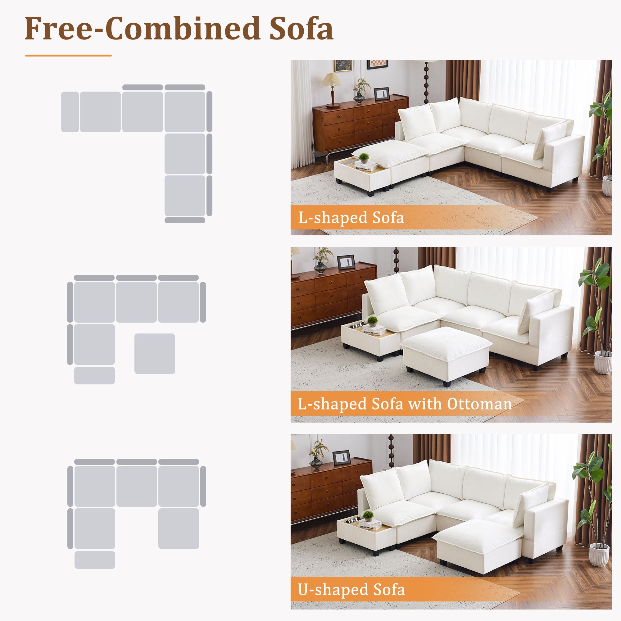 U-Shaped Sectional Modular Sofa With A Movable Ottoman, A Coffee Table With Hidden Charging Devices For Living Room