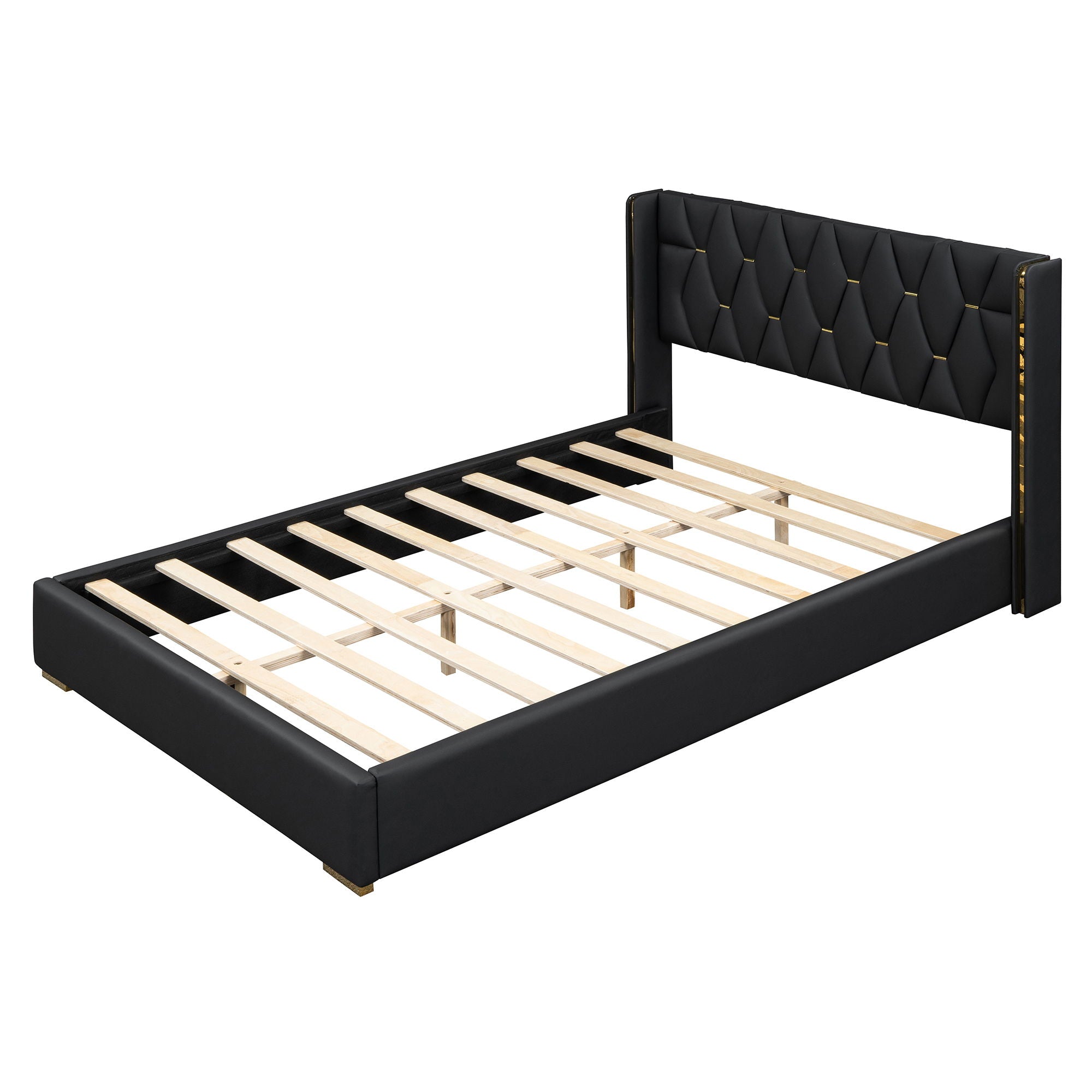 Upholstered Platform Bed With Strips - Black