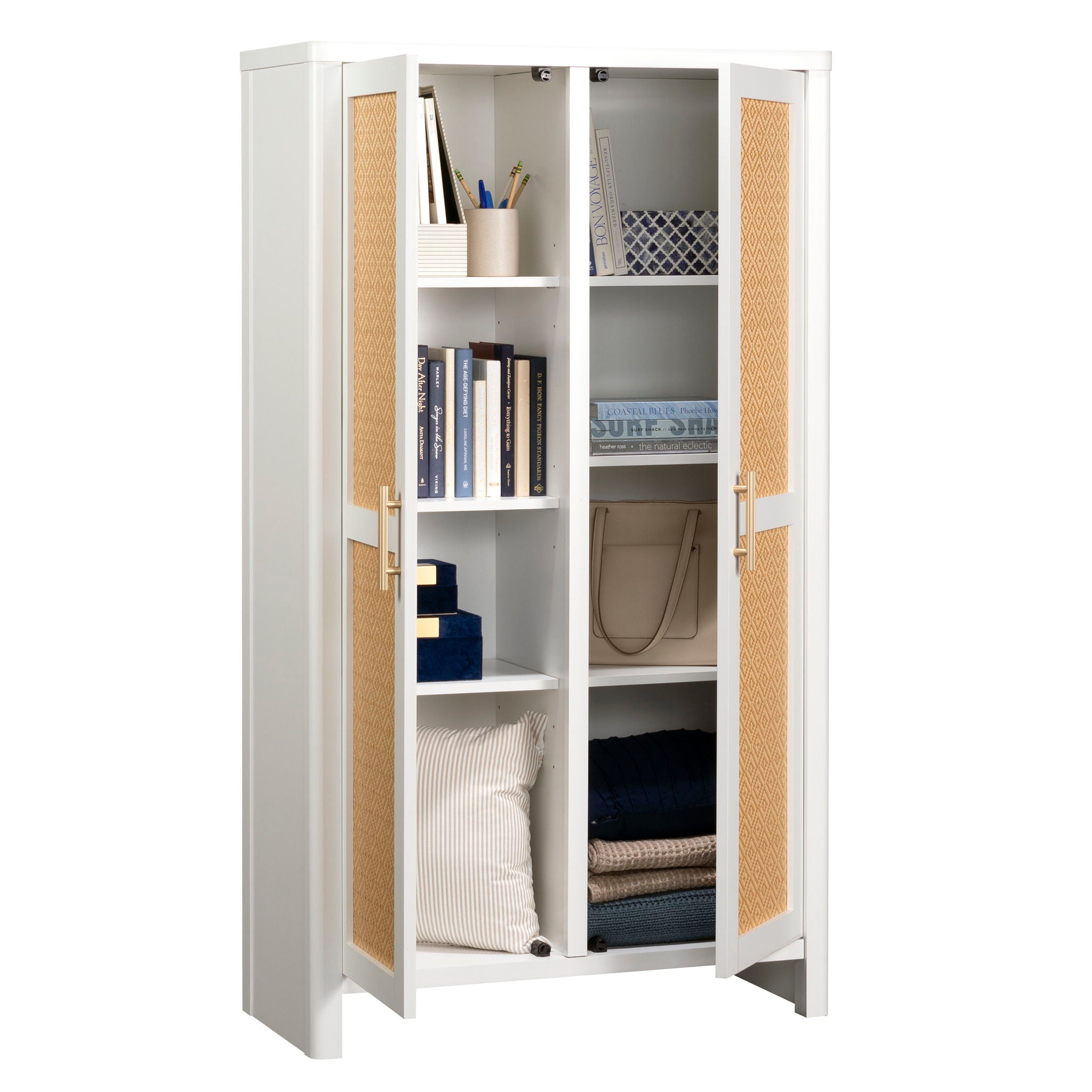 6-Shelf Storage Cabinet in White/Rattan