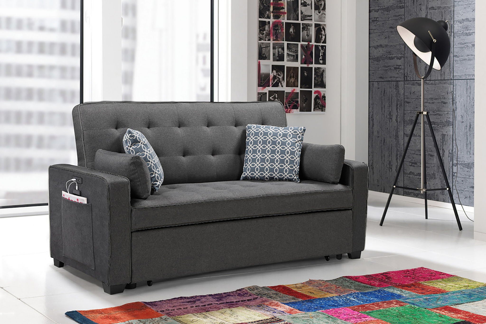 Cody 70"W Modern Gray Fabric Sleeper Sofa with 2 USB Charging Ports and 4 Accent Pillows