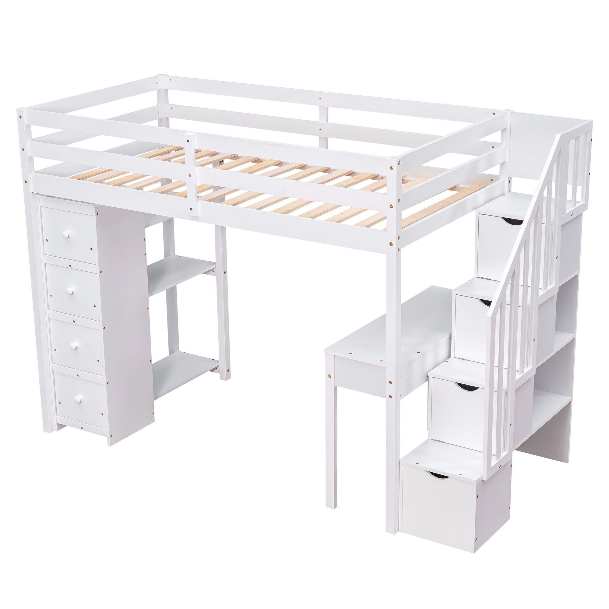 Loft Bed With Storage Drawers, Desk And Stairs With Shelves