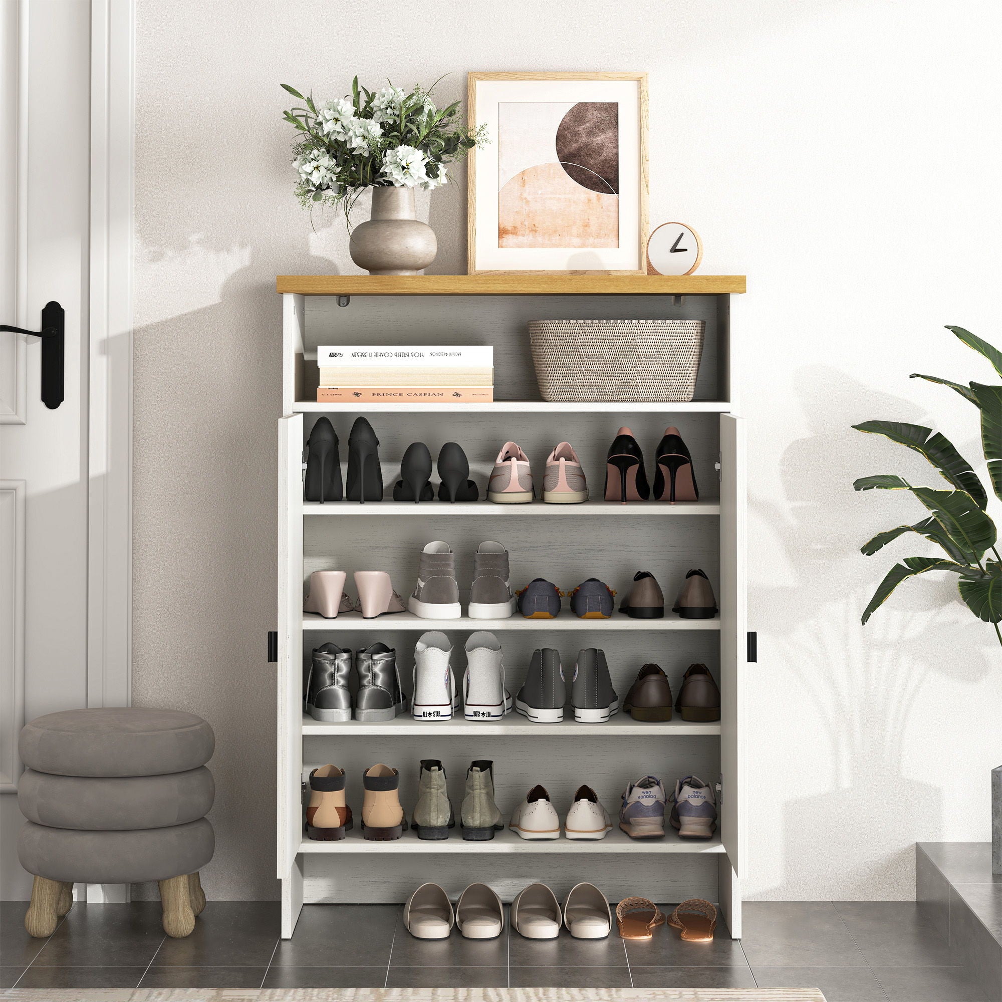 Modern Minimalist Shoe Cabinet With Sliding Door Design - White