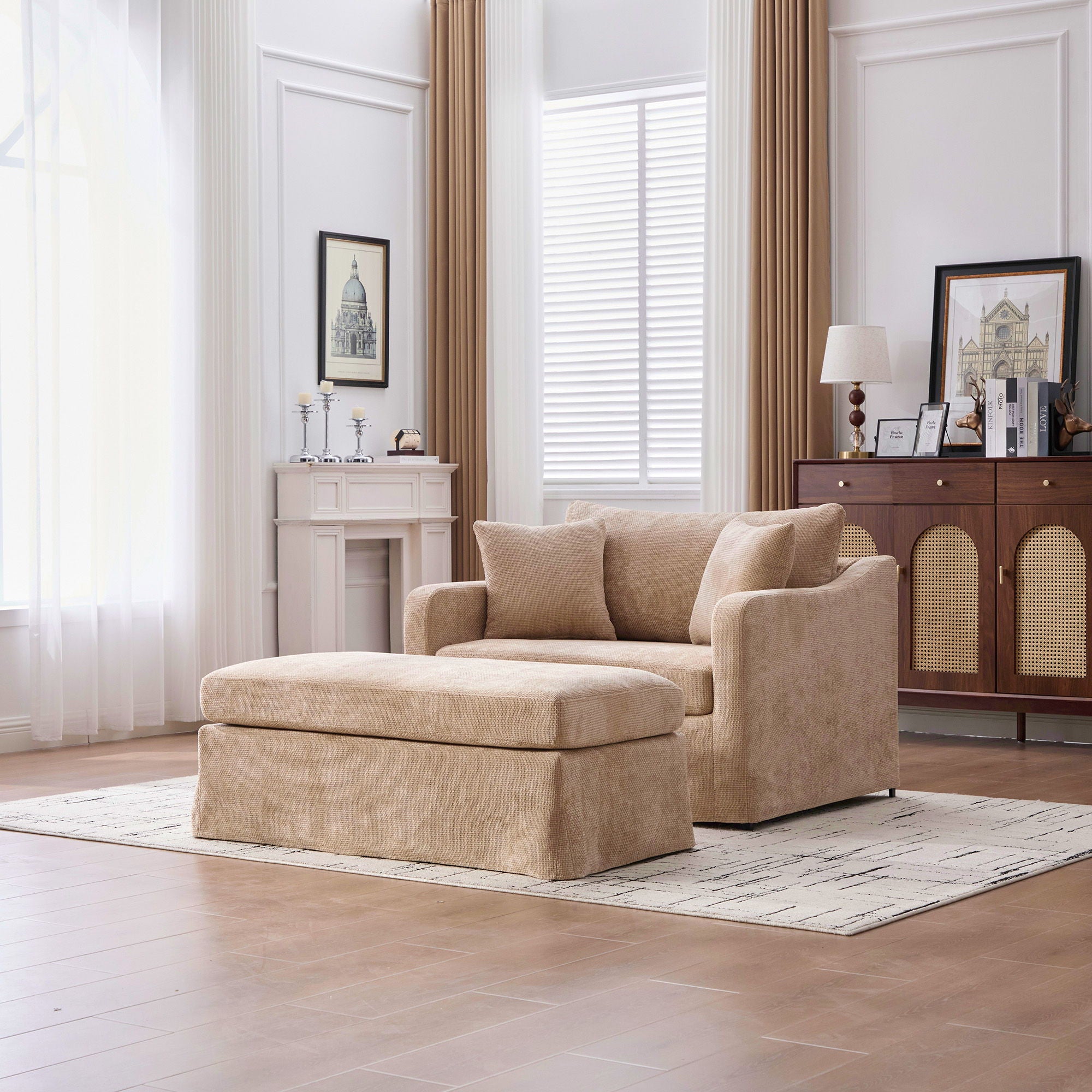 Accent Chair With Ottoman, Includes 2 Bolster Pillows