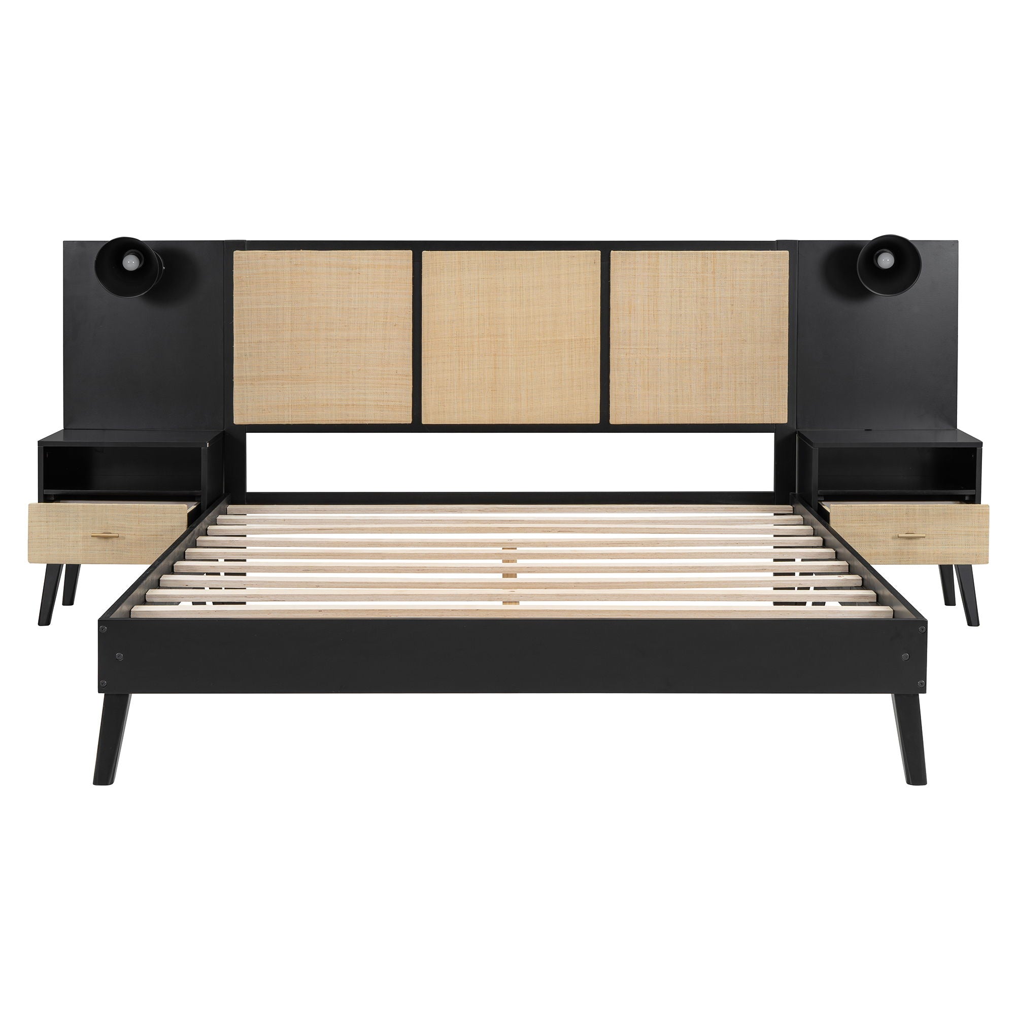 Bed Frame With 2 Nightstands Elegant Design With Lamps