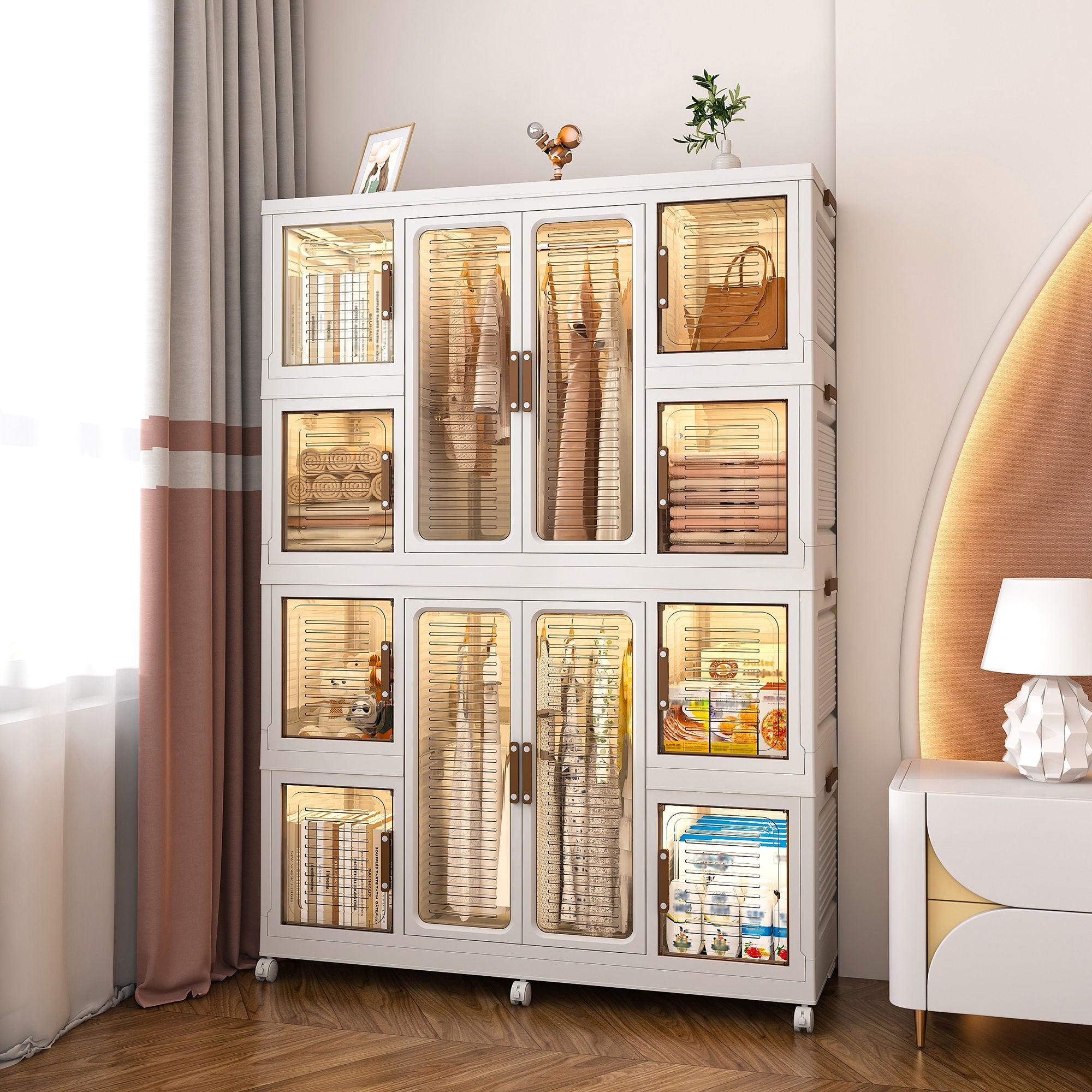 Portable Wardrobe Closet Storage Organizer For Clothes With Magnetic Doors, 12 Cubes & 2 Hanging Rods - White